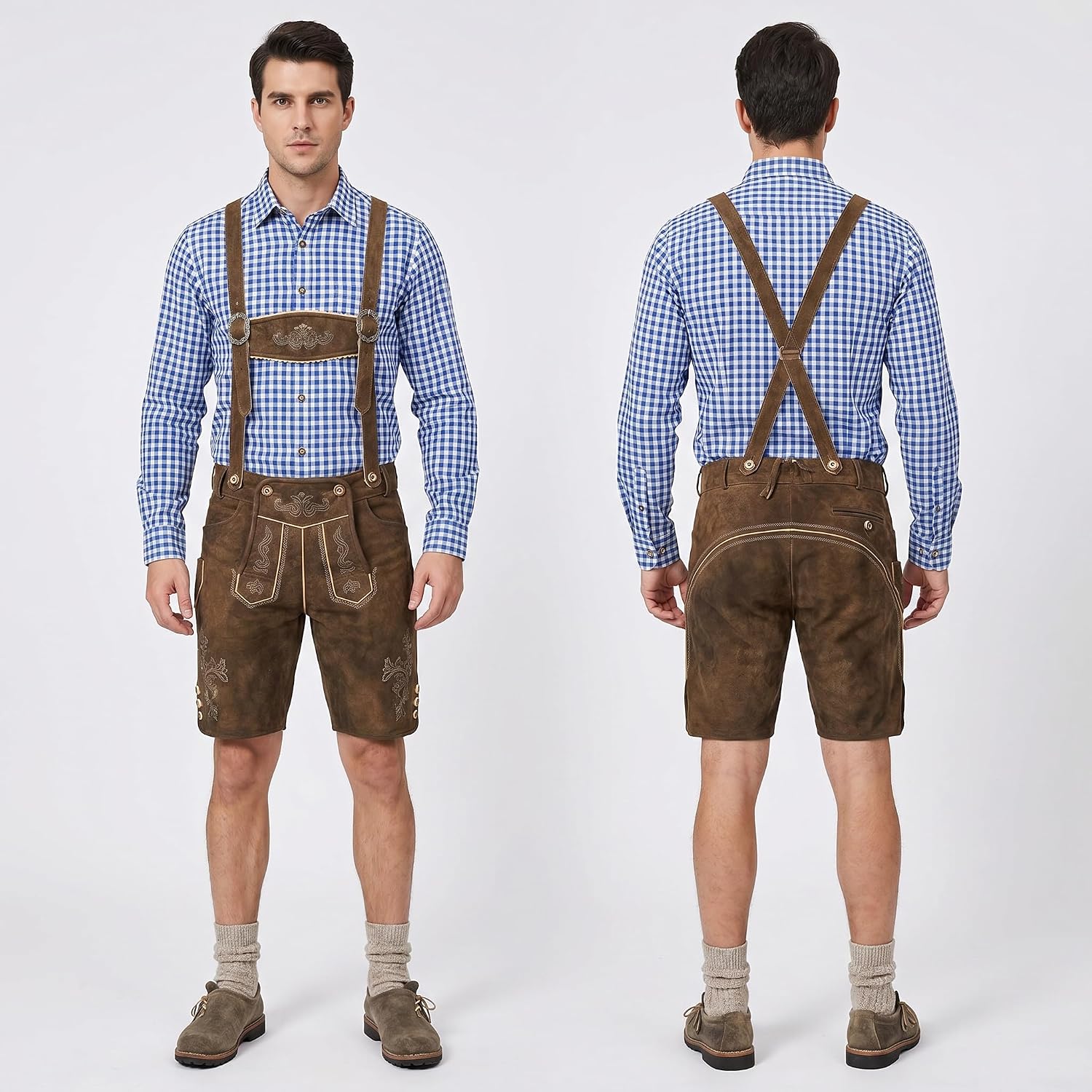Men’s Bavarian Trachten Shirt – Traditional Blue and White Checkered Button Dress Shirts for Oktoberfest and Lederhosen