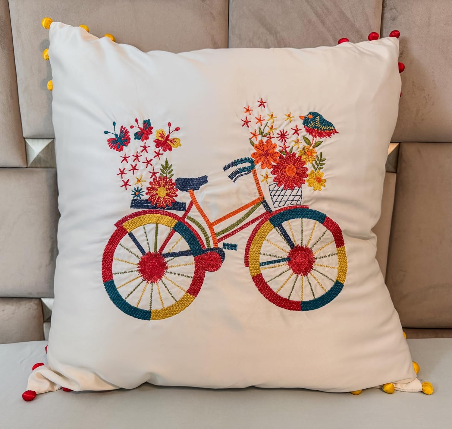 Birdsong Collection Velvet & Satin Square Pillowcase Throw Pillow Cushion Cover 24 x 24 inches – Blue & Green with Multicolor Floral Peacock Design & Bright Pom Poms