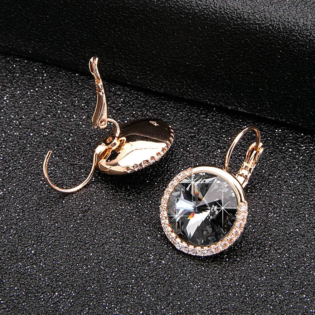 Round Austrian Crystal Halo Drop Leverback Earrings for Women 14K Gold Plated Hypoallergenic Earrings - Image 3