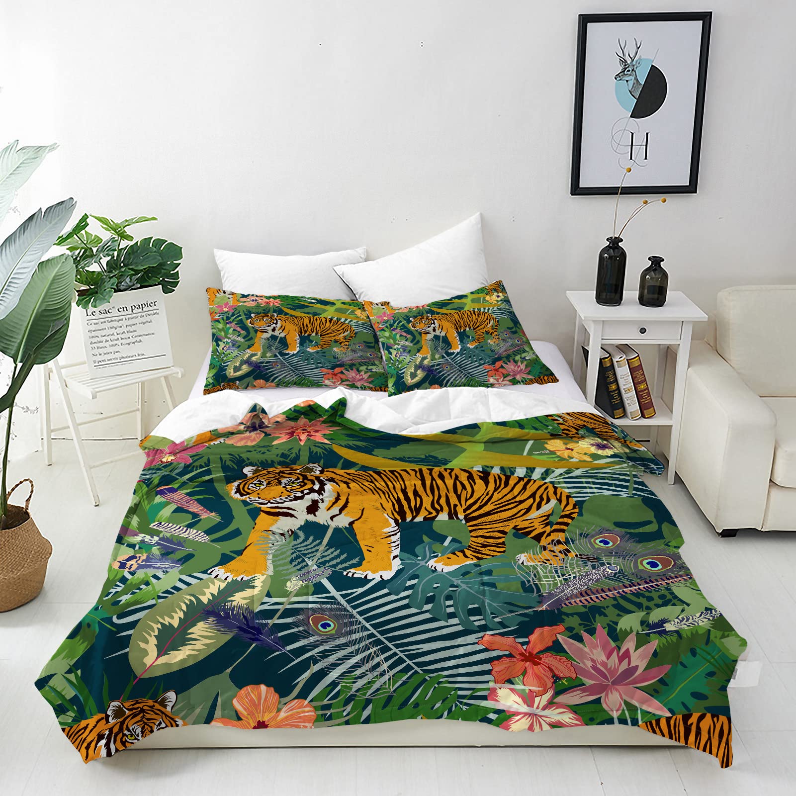 ANHOPE Tiger Duvet Cover Set Soft Comforter Cover Tropical Leaf Flower Feather Print Pattern 3 Piece Bedding Set with Pillowcase All Season Quilt Cover with Zipper for Kids Adults Double โ image 1