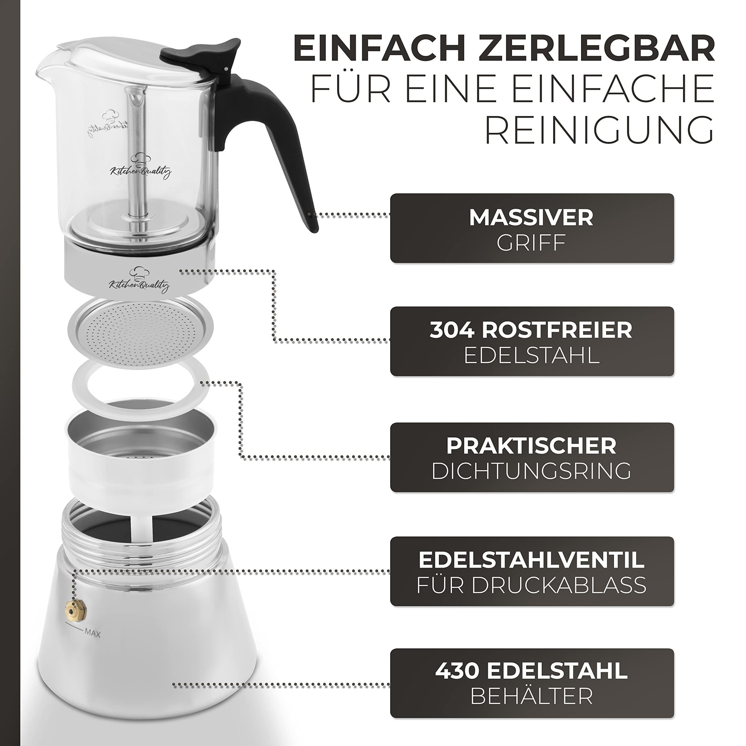Zaparzacz do espresso – szkło + stal nierdzewna – 240 ml – na 4 filiżanki – 18,5 x 14 cm – do płyt ceramicznych, kuchenek gazowych, elektrycznych i indukcyjnych – z łyżeczką do porcjowania + 3 podstawki korkowe