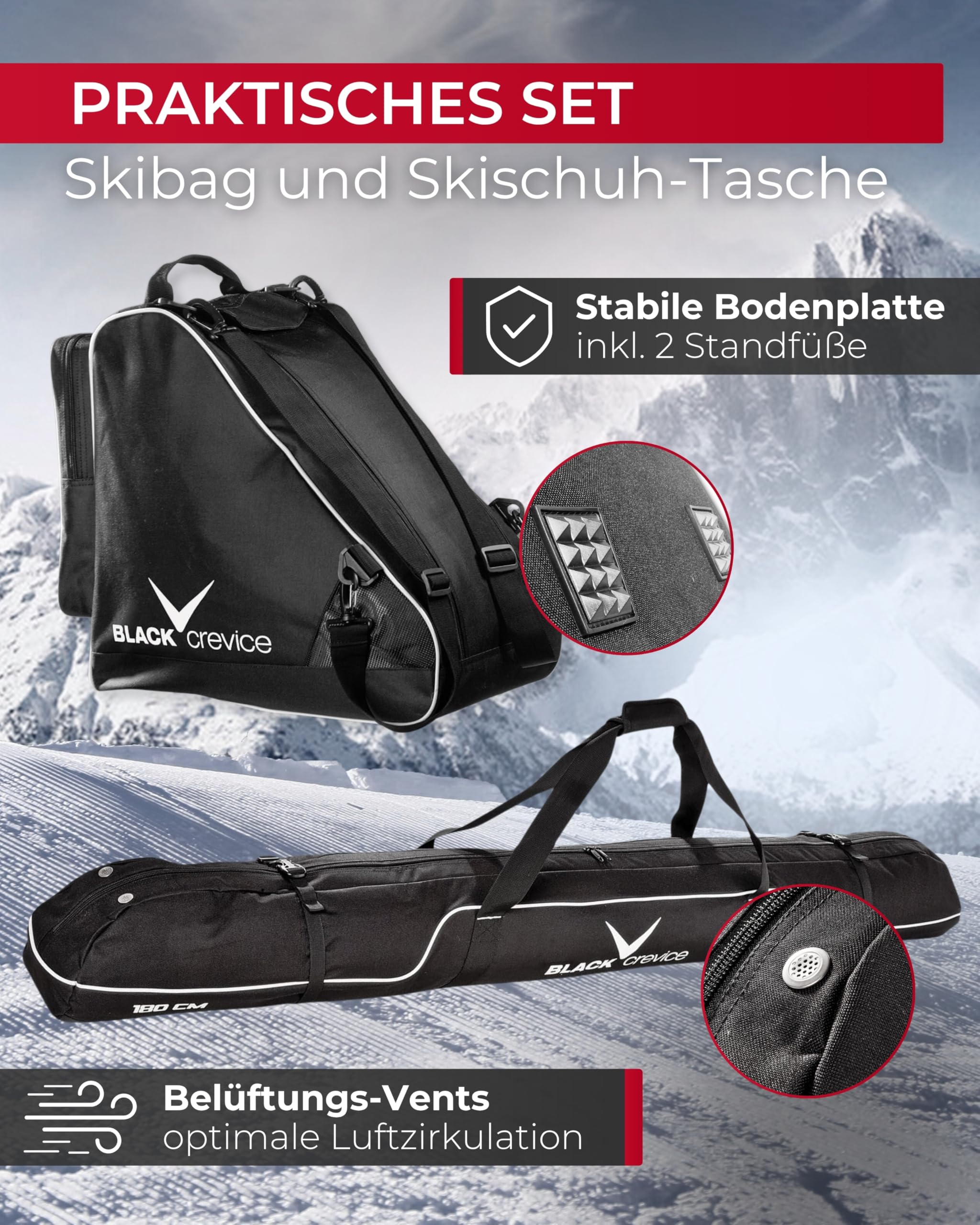 BLACK CREVICE Skitasche-Set I Kombi-Set aus Skisack & Skischuhtasche I robuste Skitaschen aus 600D/PVC I Ski-Set mit Schultergurt I Skibag: 180x20x20cm I Skischuhe-Tasche: 43x27x42cm