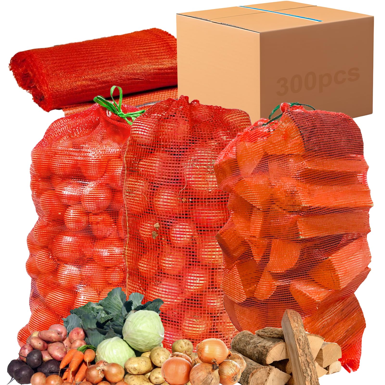 SRXES Zwiebelbeutel aus Netzstoff, wiederverwendbar, mit Kordelzug, für Zwiebeln, Gemüse, Kartoffeln, Zitrusfrüchte, Krebse, Brennholz, 300 Stück