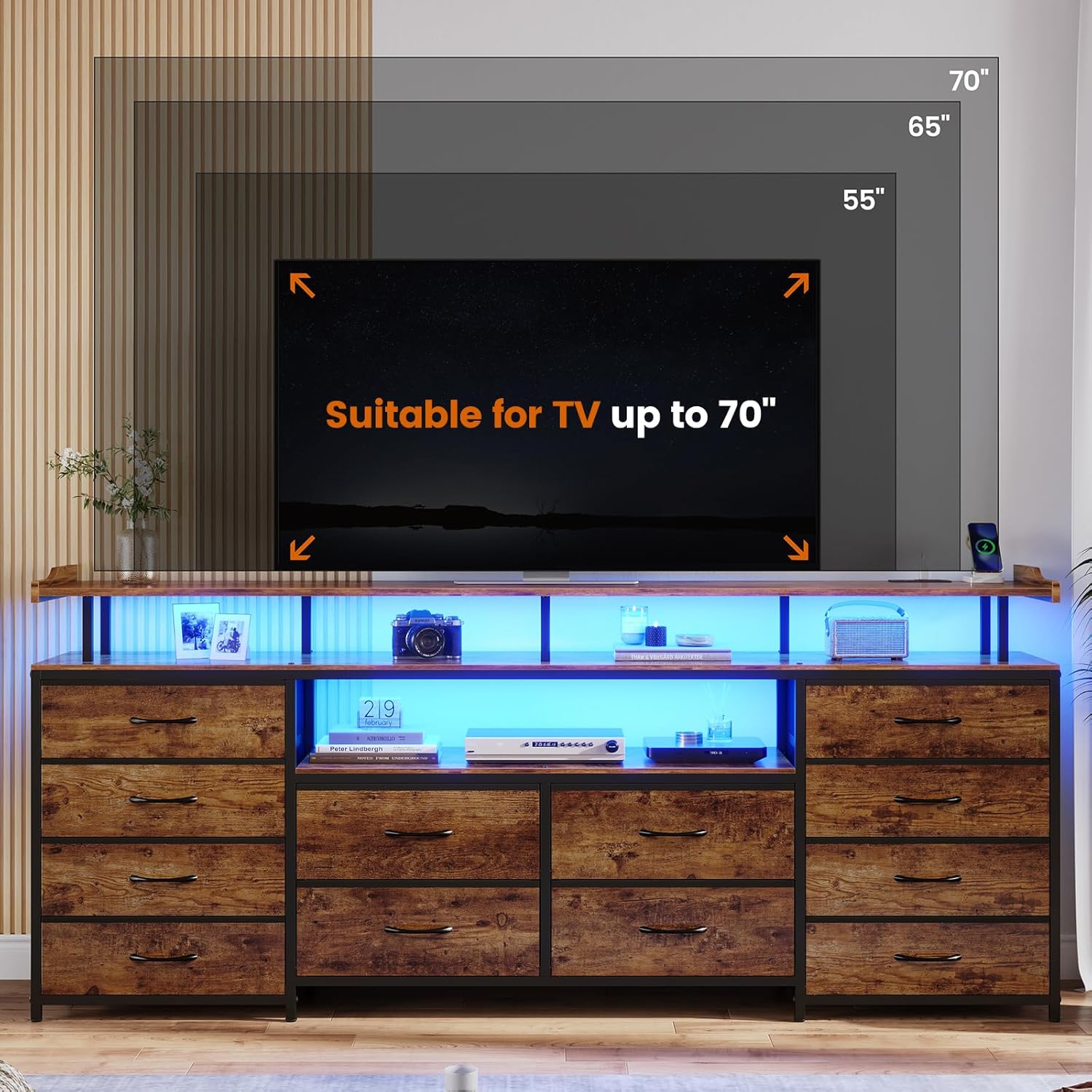 BTHFST 12 Drawers TV Stand Dresser for 65/70 inch TV, Entertainment Center with LED Lights & Power Outlets, 63" Large LED TV Stand, TV Console for Bedroom