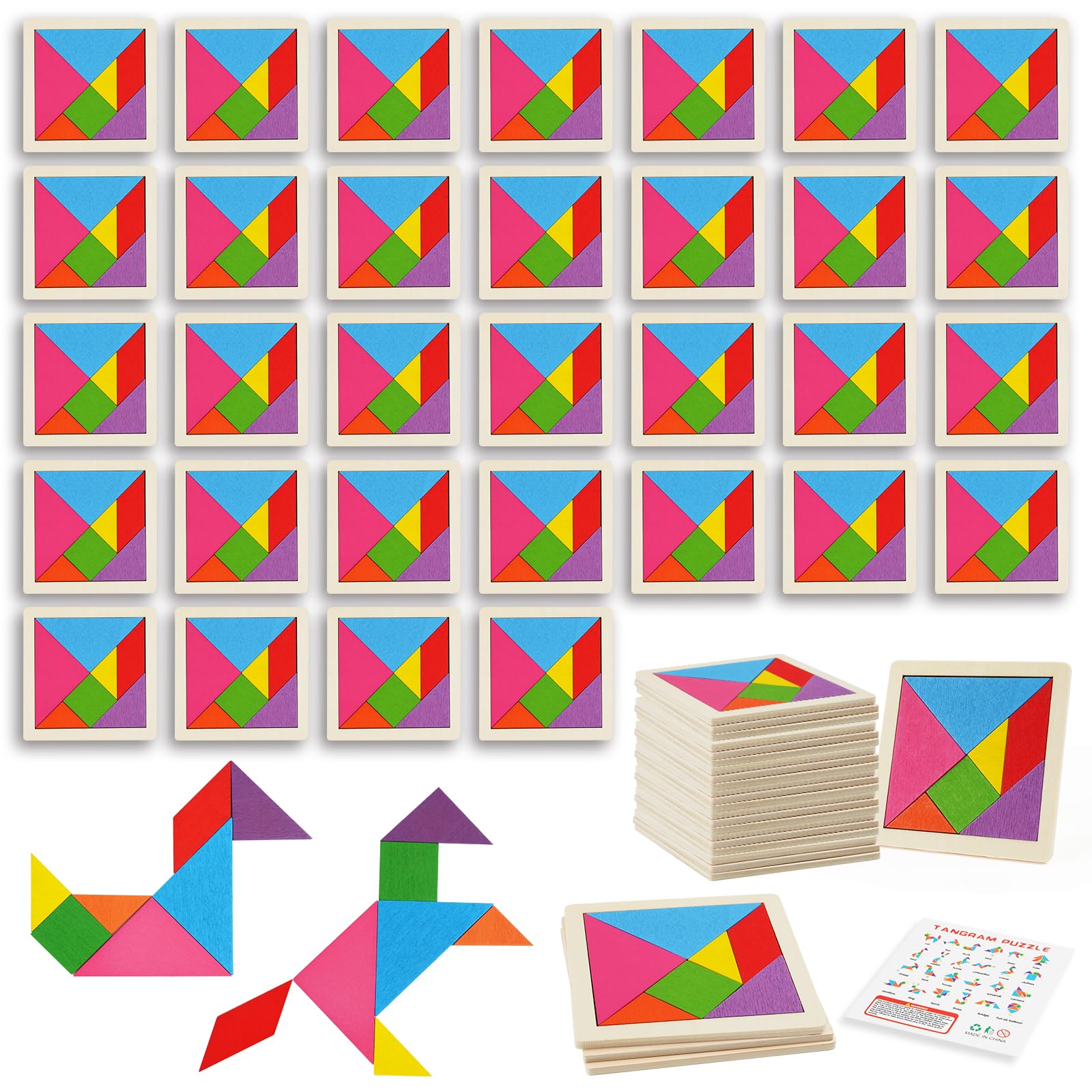 Ainiv Set di 32 Gioco Tangram in Legno, Tangram Gadget, Compleanno Regalini, Giocattoli Educativi Tipo Montessori Compleanno Puzzle, Bomboniere Natalizie per Bambini e Bambine
