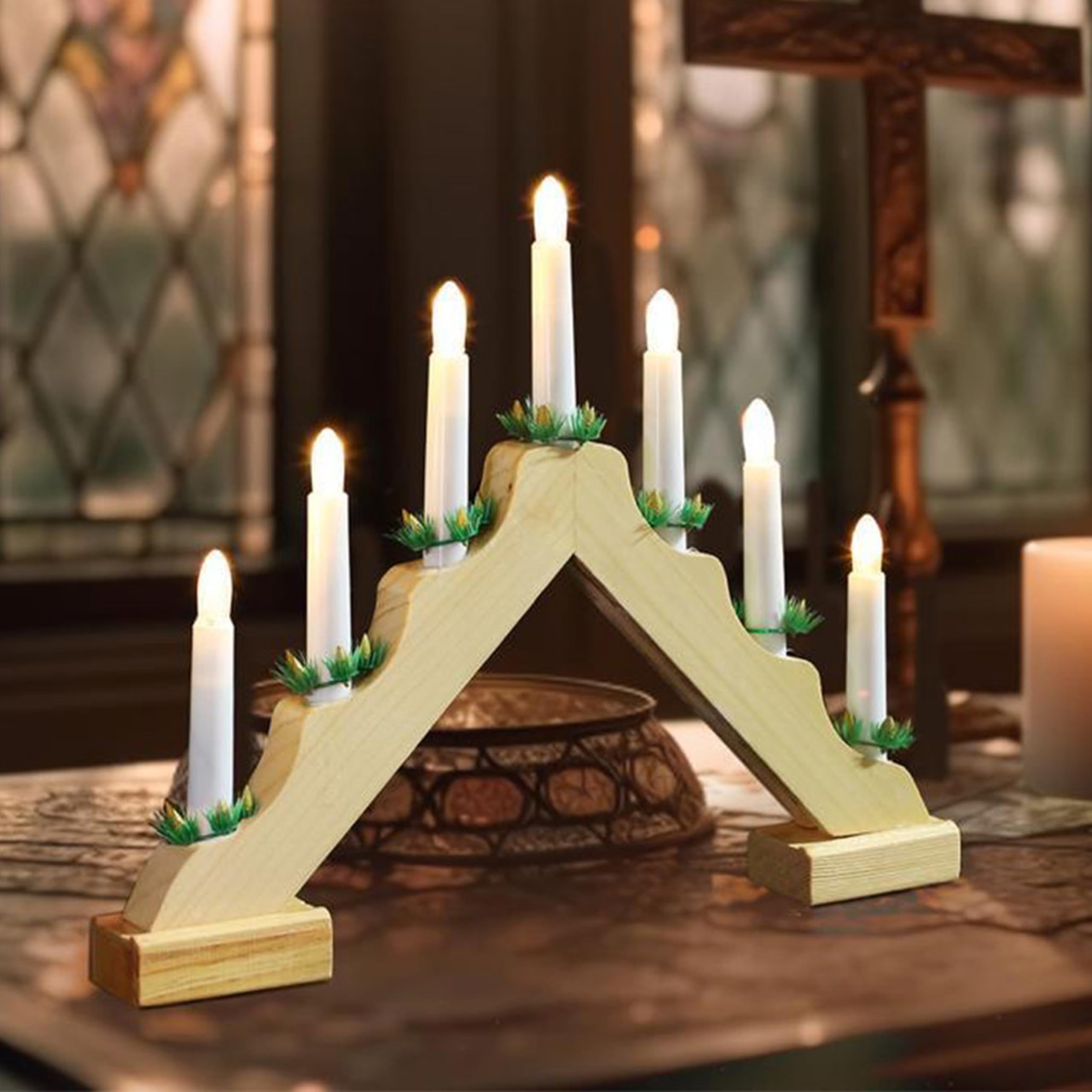 Geezy Brown Wooden Christmas Candle Bridge Arch With 7 Led Candles & Natural Finish - Battery Operated Warm White Led Christmas Lights - Xmas Decorations & Ornaments For Window Sills, Mantels, Table Tops