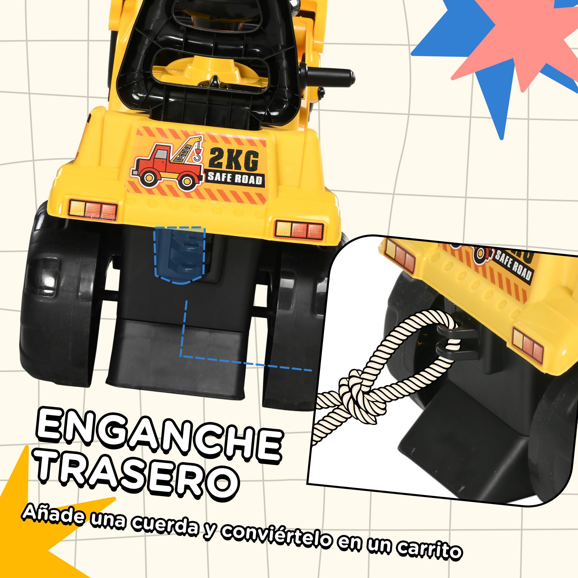 HOMCOM Tractor sin Pedales para Niños de +2 Años Excavadora Correpasillos Tractor Correpasillos con Pala Móvil Asiento de Almacenamiento y Bocina Carga 30 kg 83x27x39 cm Amarillo