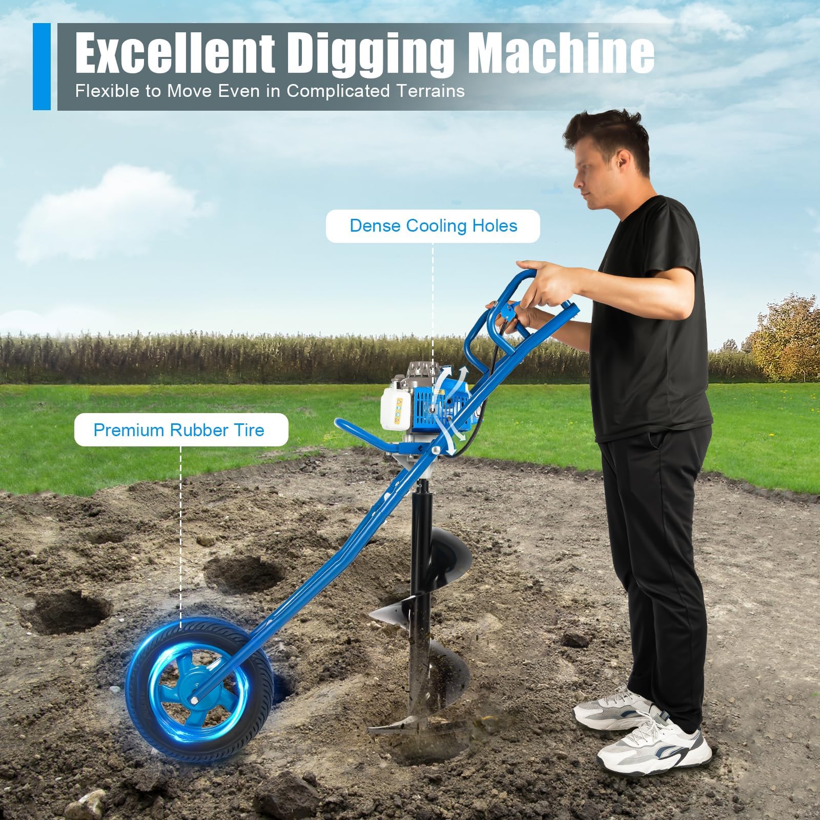 Tarière Thermique 63cc 2 Temps, 2,2kW Tarière à Essence avec Roue, Forage 300mm, Tariere Thermique pour Perceuse de Terre, Outil Creuser Trou pour Agriculture Jardin