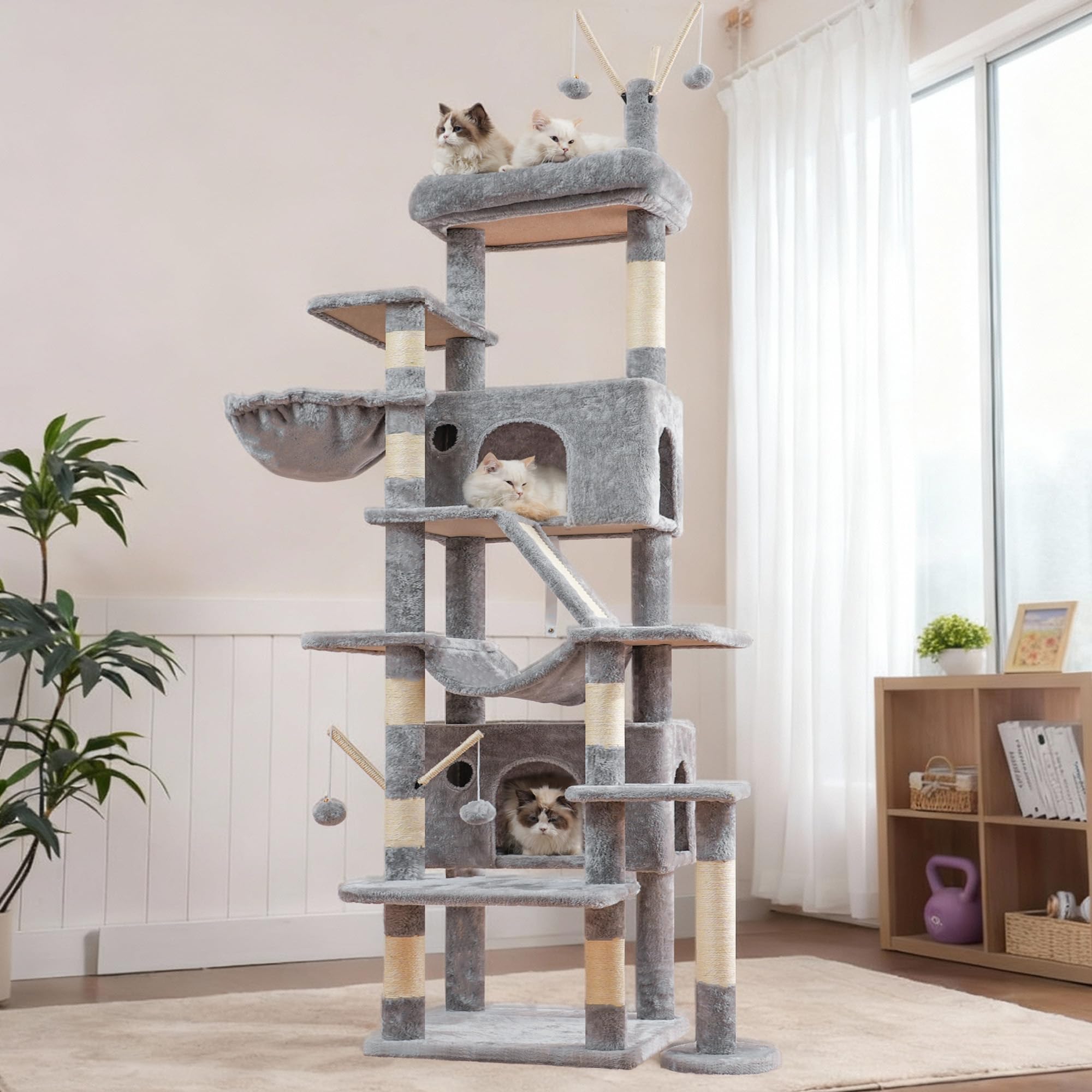 Hey-brother 210 cm Árbol para Gatos, Rascador para Gatos Grande Apto para hogares con Varios Gatos, Equipado con 2 Cuevas Grandes, Hamaca, Cesta y Varita Juguete extraíble, Gris Claro EMPJ082W