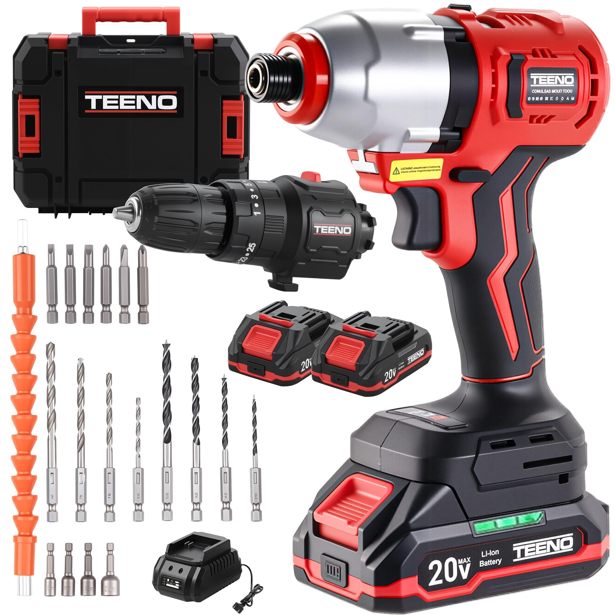 TEENO Taladro atornillador de impacto inalámbrico 180 Nm, 2 baterías de 1,5 A, 1 cargador, 22 accesorios, 2 herramientas