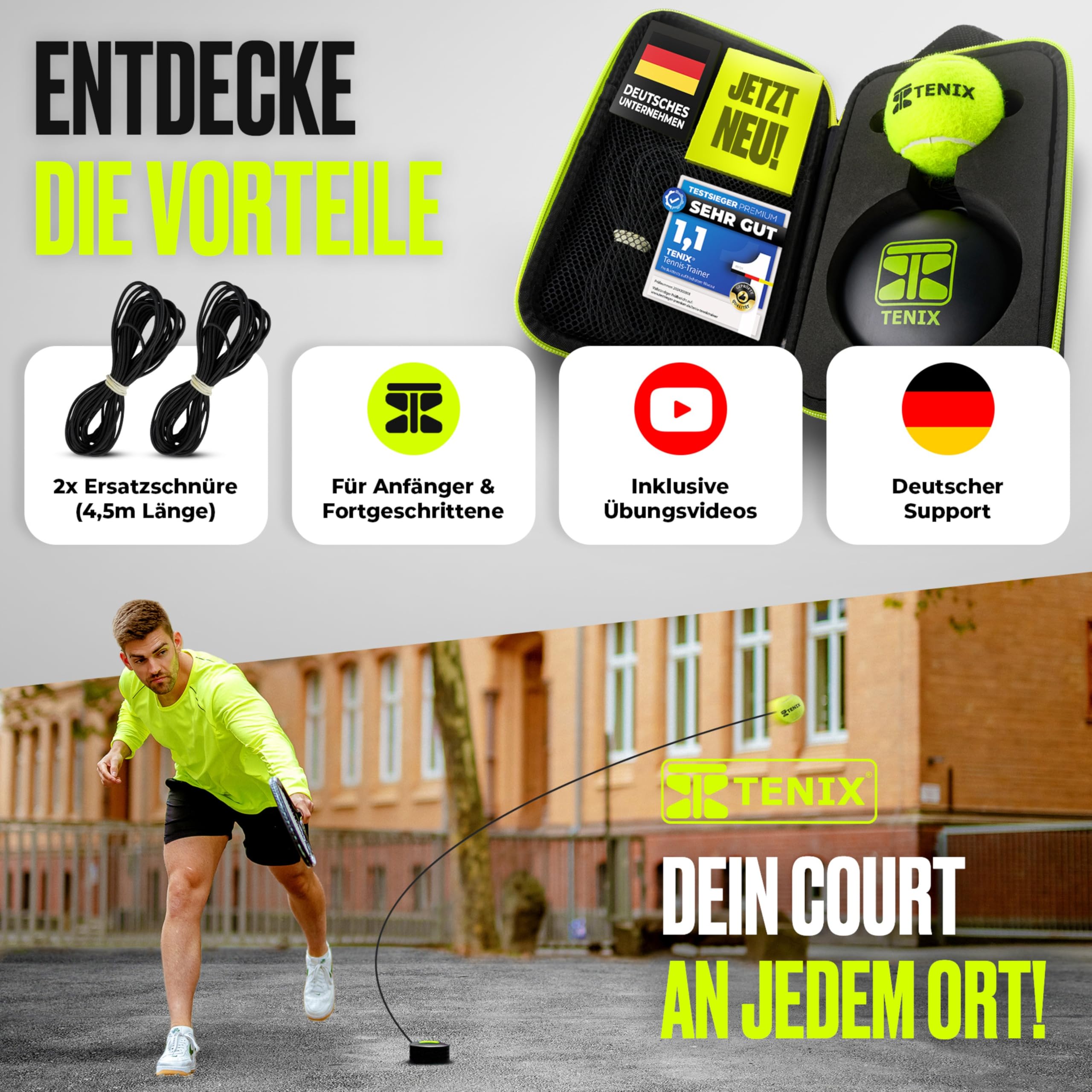 TENIX® Tennis-Trainer Set [mit Power-Grip-System] Tennis Trainingsgerät für Kinder & Erwachsene | Tennis alleine Spielen im Hof, im Park, auf dem Tennisplatz | Hole dir deinen Selbst-Trainer!