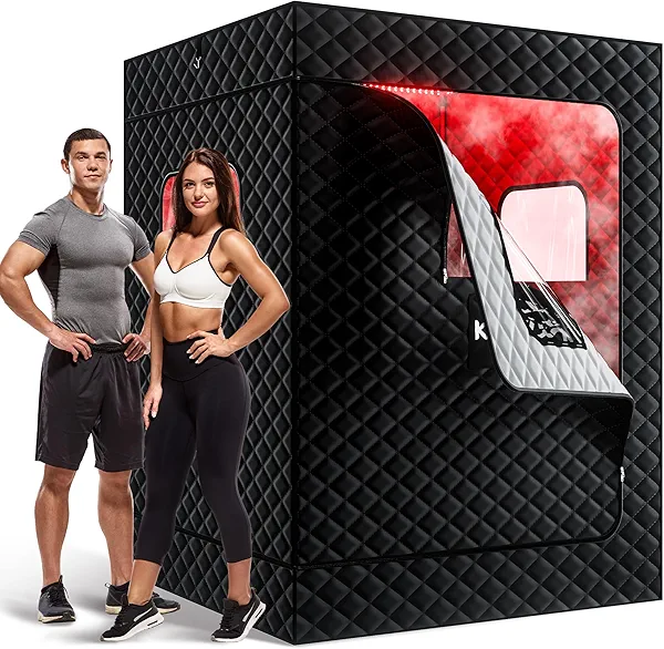 KASUE Upgraded 2 Person Portable Infrared Sauna Box with 5-Layer Waterproof, 2 Steamers, 2 Folding Chair for Spa, Indoor, Outdoor, Gym, Pilates, 71”x 36”x 49”, Black-2 Person