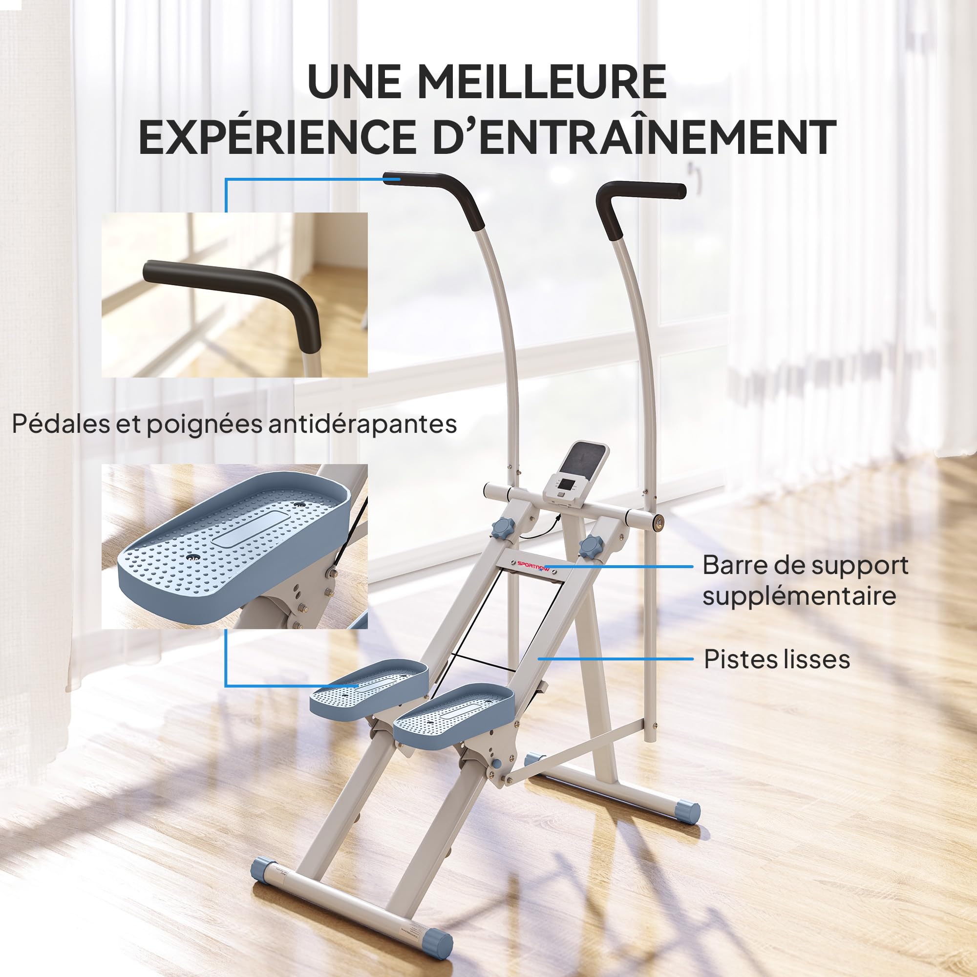 SPORTNOW Stepper escalier Pliable Climber stairmaster pour Exercice de Gym à Domicile, Machine Verticale pour entraînement du Corps avec pédales réglables et écran LCD, Machine à Pas compacte, Blanc