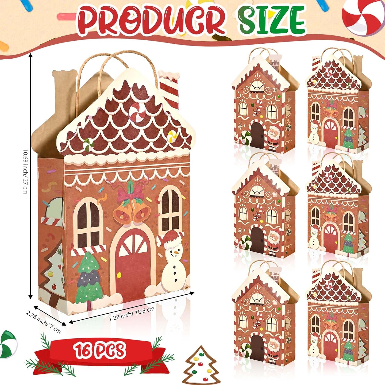 Bolsome 16 Pcs Christmas Gift Bags Gingerbread House Kraft Paper Goodie Bags with Handles Xmas Candy Treat Bags for Winter Holiday Baby Shower Party Favors Supplies - Image 2