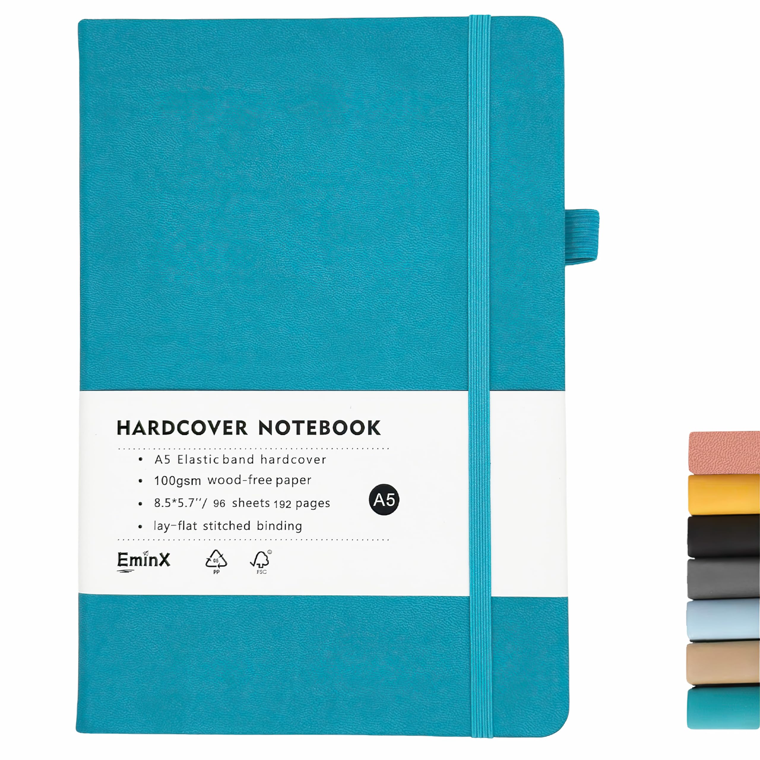 Cuaderno de tapa dura A5 EminX, libreta de 192 páginas rayadas universitarias con bolsillo interior