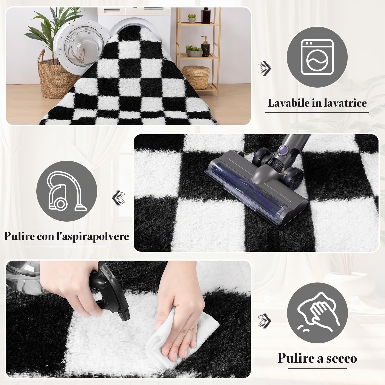 Enyhom Tappeto Salotto Scacchi Moderno 120 x 180 cm, Pelo Lungo Tappeto Camera da Letto Scendiletto Peluche Super Morbido Tappeti Salotto Antiscivolo Lavabile in Lavatrice Tappetino per Soggiorno