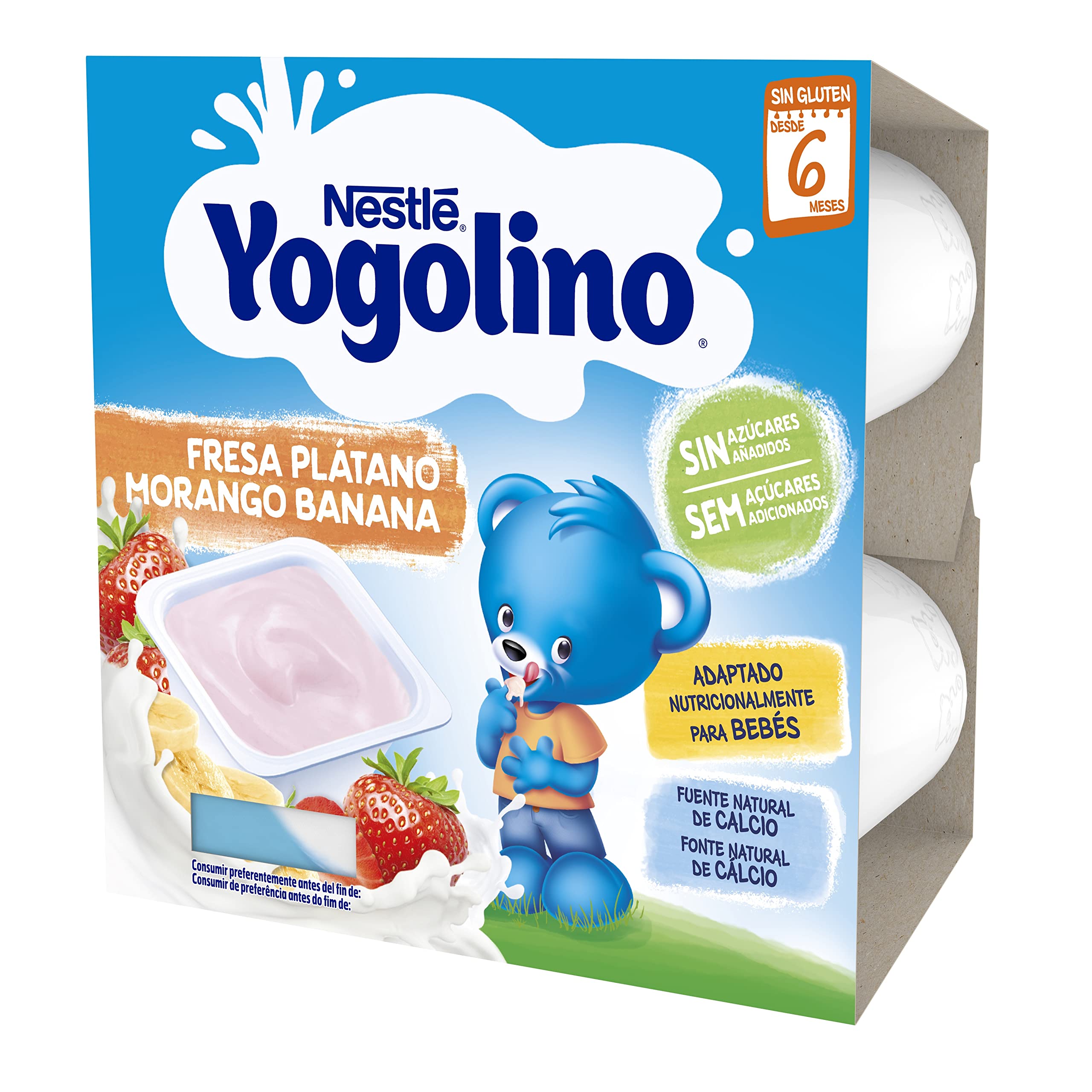 Nestlé Yogolino Fresa Plátano sin Azúcar Añadido, 8+ Meses, 4 x 100g
