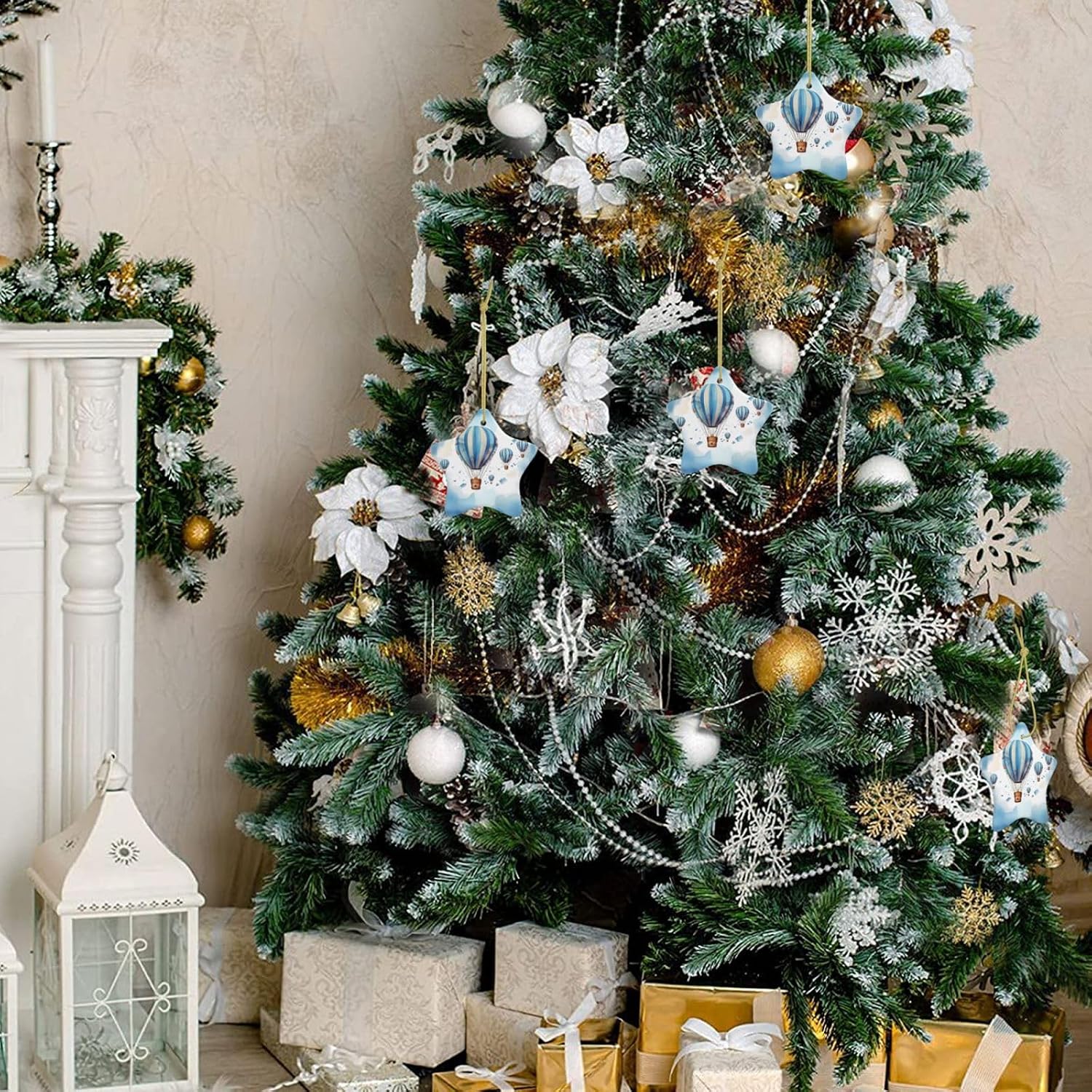 Blue Hot Air Balloon Christmas Ornament with Gold Ribbon Christmas Tree Ceramic Ornament Xmas Star Shape Hanging Ornaments Pendants Round Xmas Crafts for Holiday Party Decoration Gift