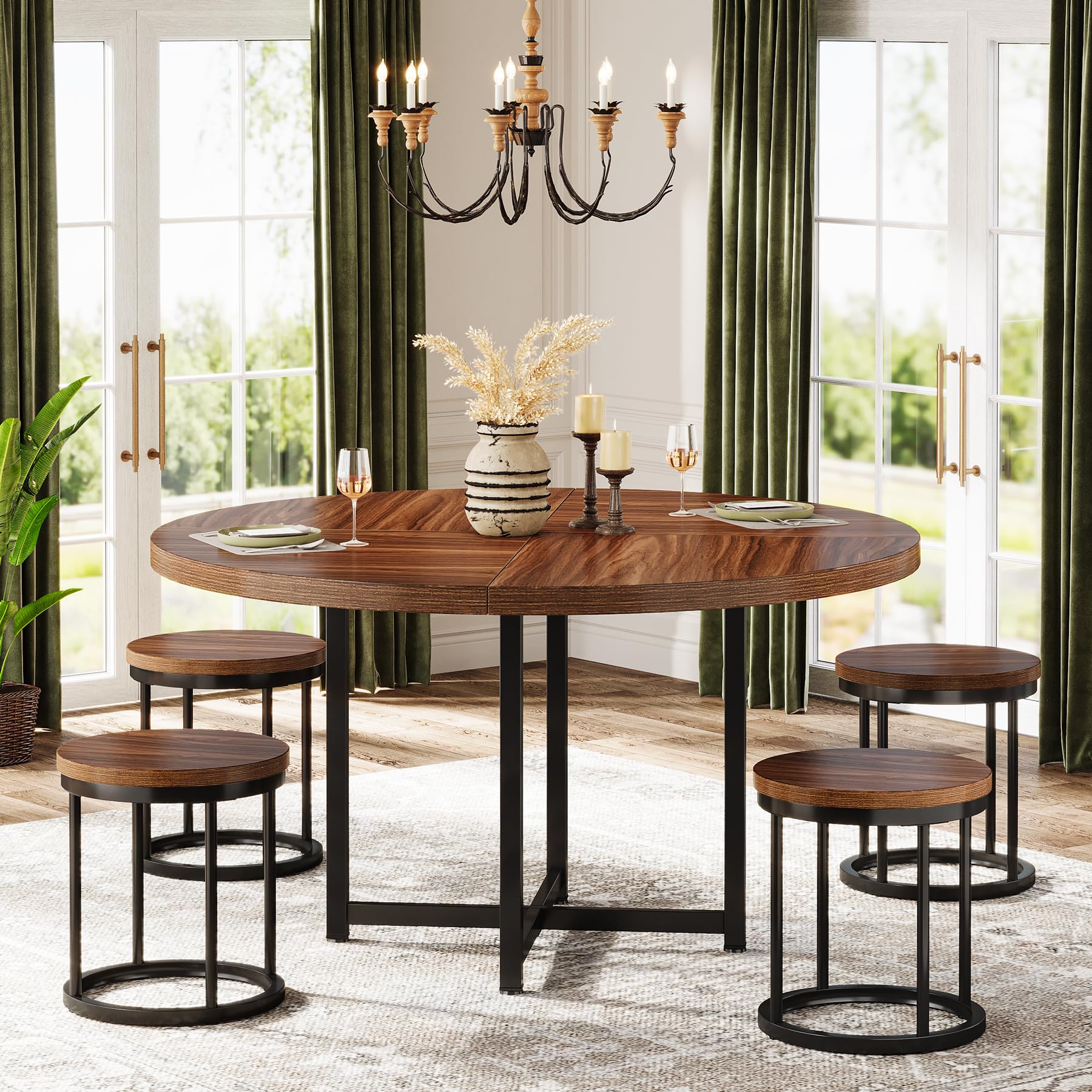 Tribesigns47" Round Dining Table Chairs Set, 5-Piece Dining Room Table with 4 Stools, Farmhouse Kitchen Dinner Table with Heavy-Duty Metal Frame, Table Chairs Set for Home