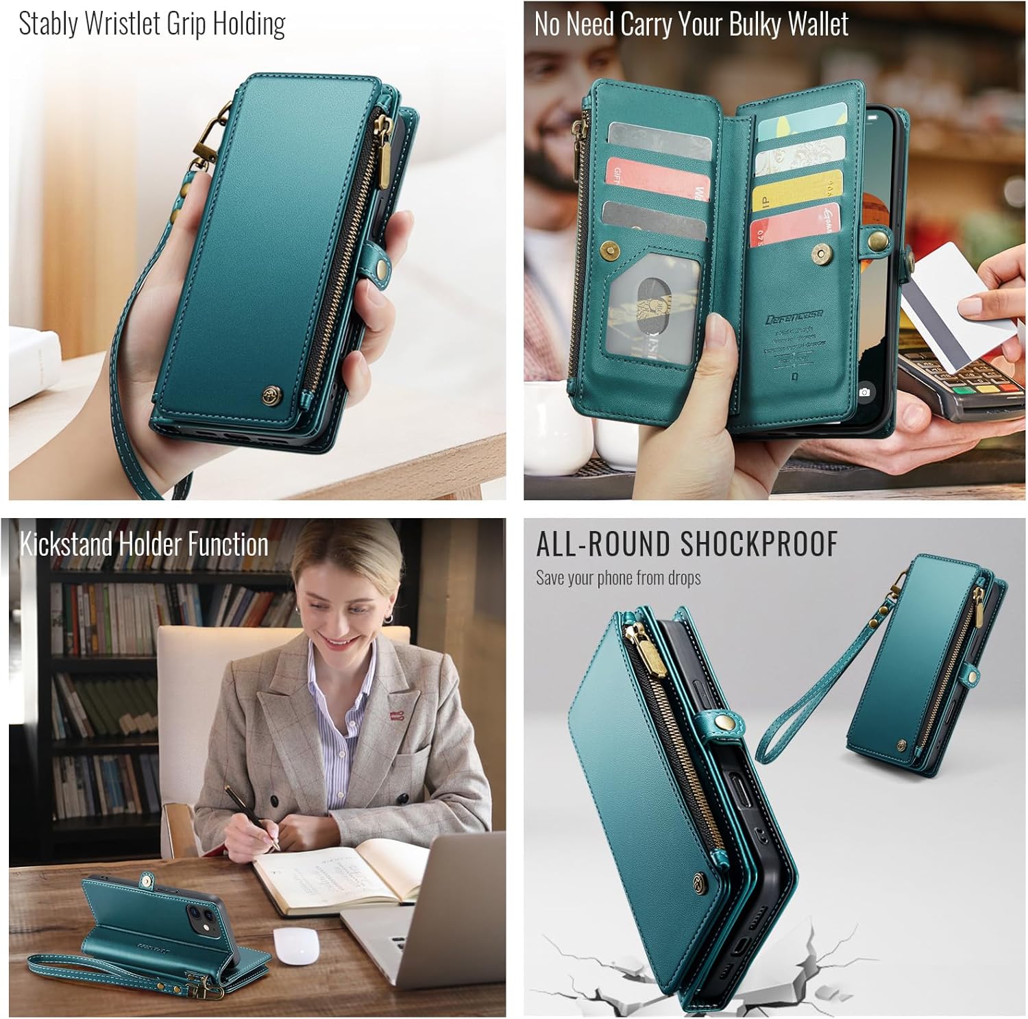 Defencase Compatible with iPhone 11 Case Wallet with RFID Blocking Card Holder for Women Men, Fashion PU Leather Magnetic Snap Flip Zipper Strap Wallet Phone Case Fit for iPhone 11 6.1", Blue Green