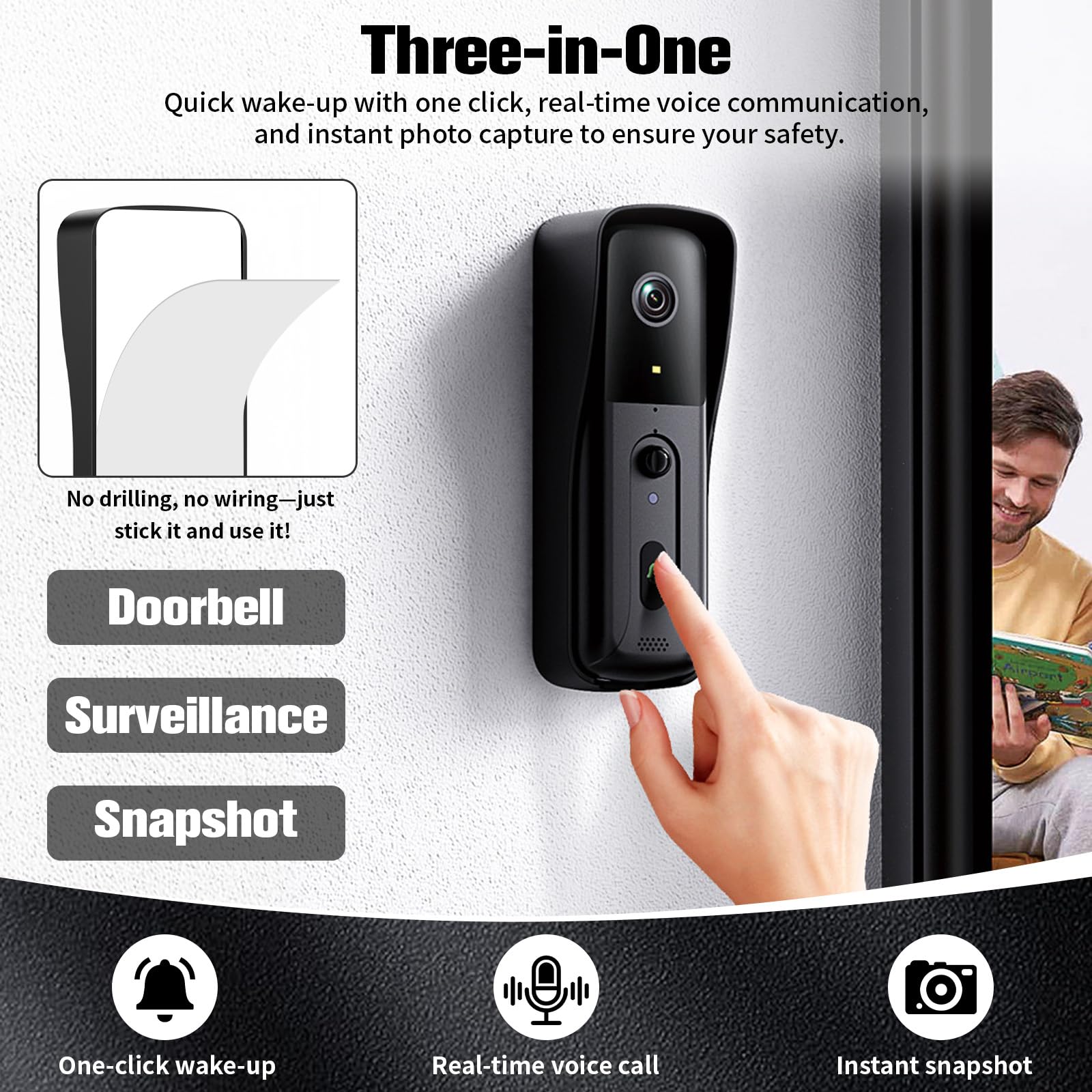 Campanello senza fili con fotocamera e monitor da 4,3 pollici, campanello senza Wi-Fi, audio a 2 vie HD, citofono con rilevamento del movimento PIR, visione notturna a infrarossi e display