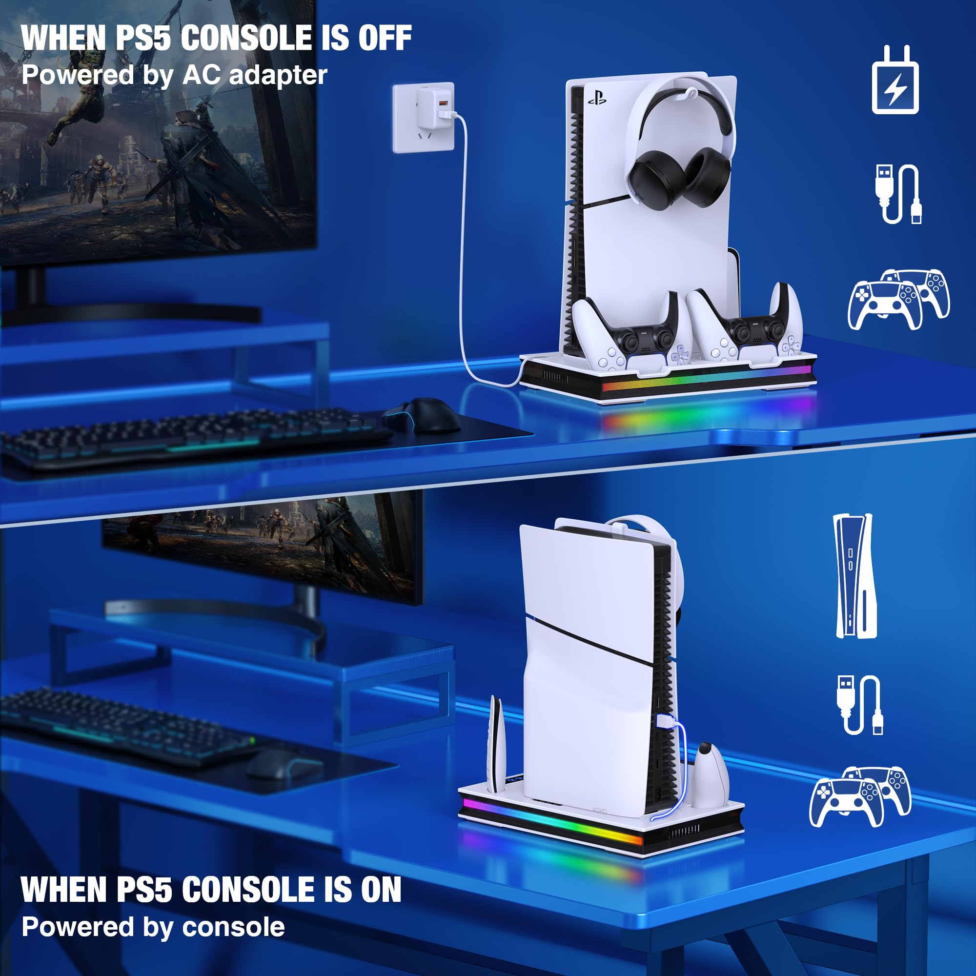 GAMSINGY PS5 Ständer mit Lüfter, Standfuß für Disc/Digital Edition, Headset Halterung/ Controller Ladestation/ Fernbedienung Solt/3 USB Hub, Zubehör für Playstation 5 Konsole