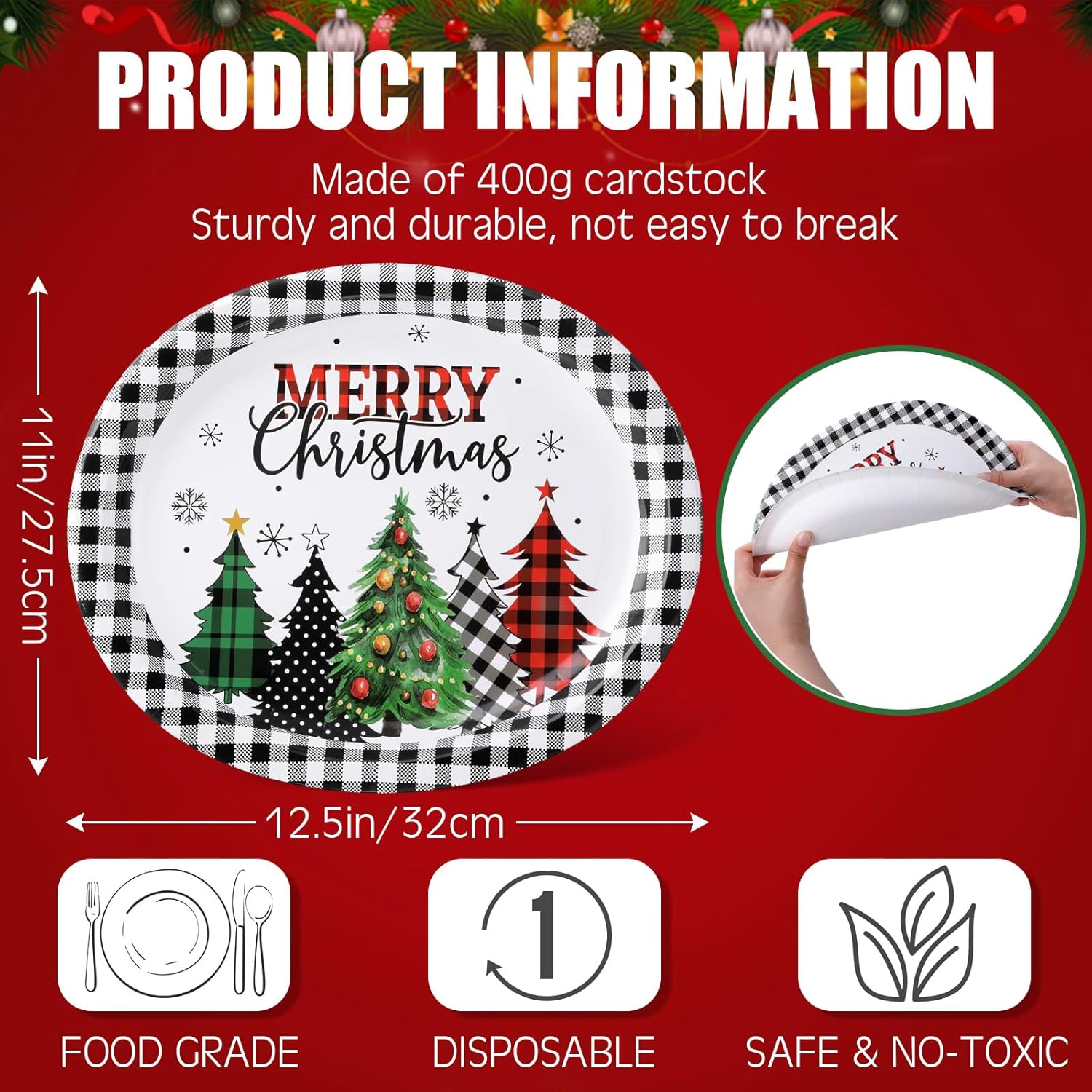 Hsei 100 Pcs Christmas Oval Paper Plates 10'' x 12'' Disposable Heavy Duty Dinner Plates with Christmas Tree Red Black Buffalo Plaid Platters for Holiday Xmas Dinnerware Table Decorations Supplies