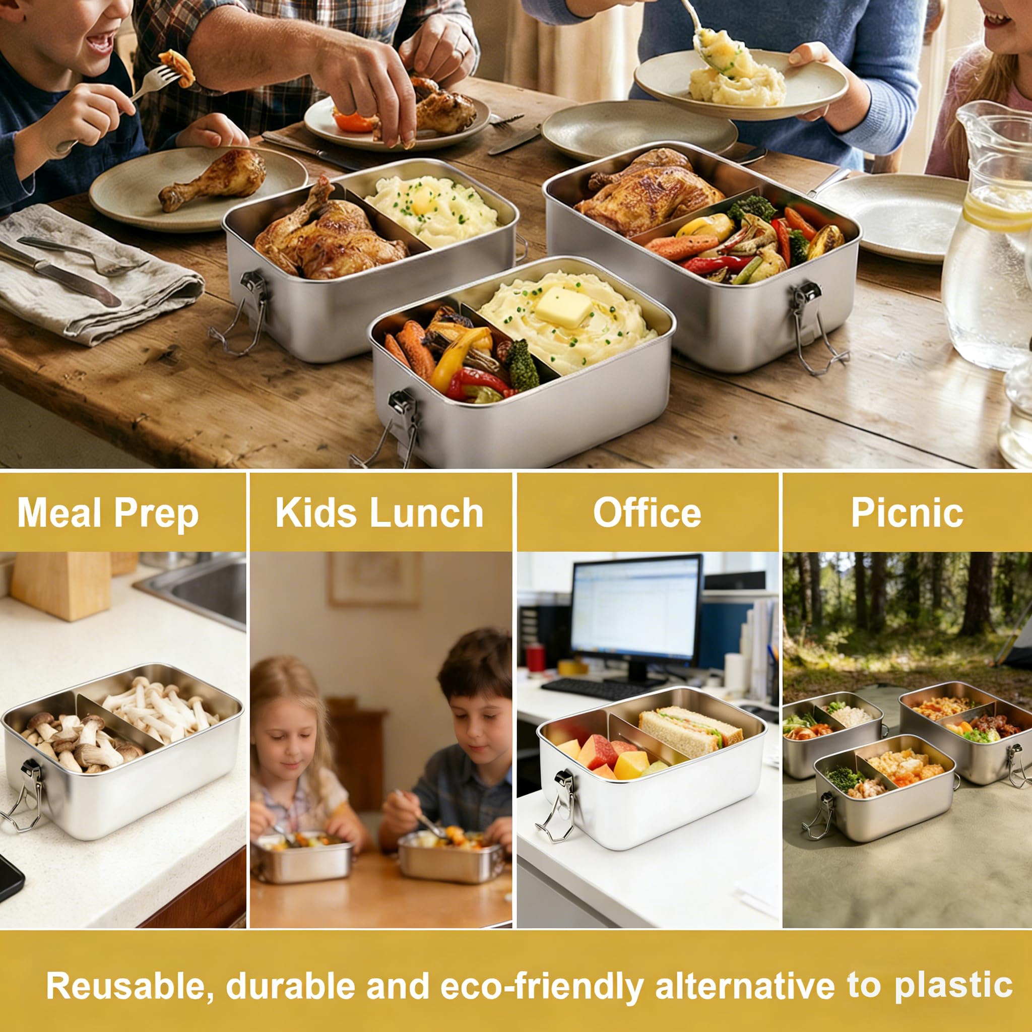 304 Bento pudełka ze stali nierdzewnej z przegródkami, zestaw 3 sztuk, pudełko na lunch ze stali nierdzewnej, 1400/850/850 ml, szczelne pudełko na lunch dla dzieci i dorosłych, pudełko na