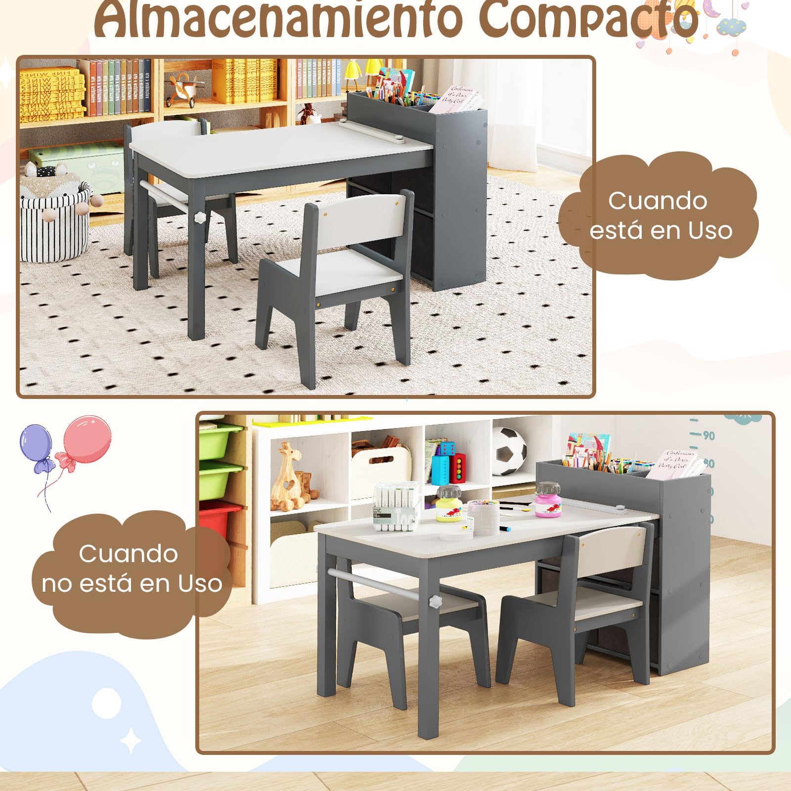 COSTWAY Juego de Mesa y Sillas para Niños, Escritorio de Dibujo con 2 Sillas, Rollos de Papel y Soporte para Papel, Compartimentos y Estantes Abiertos,4 Cestas,Mesa de Actividades para Niños (Gris)