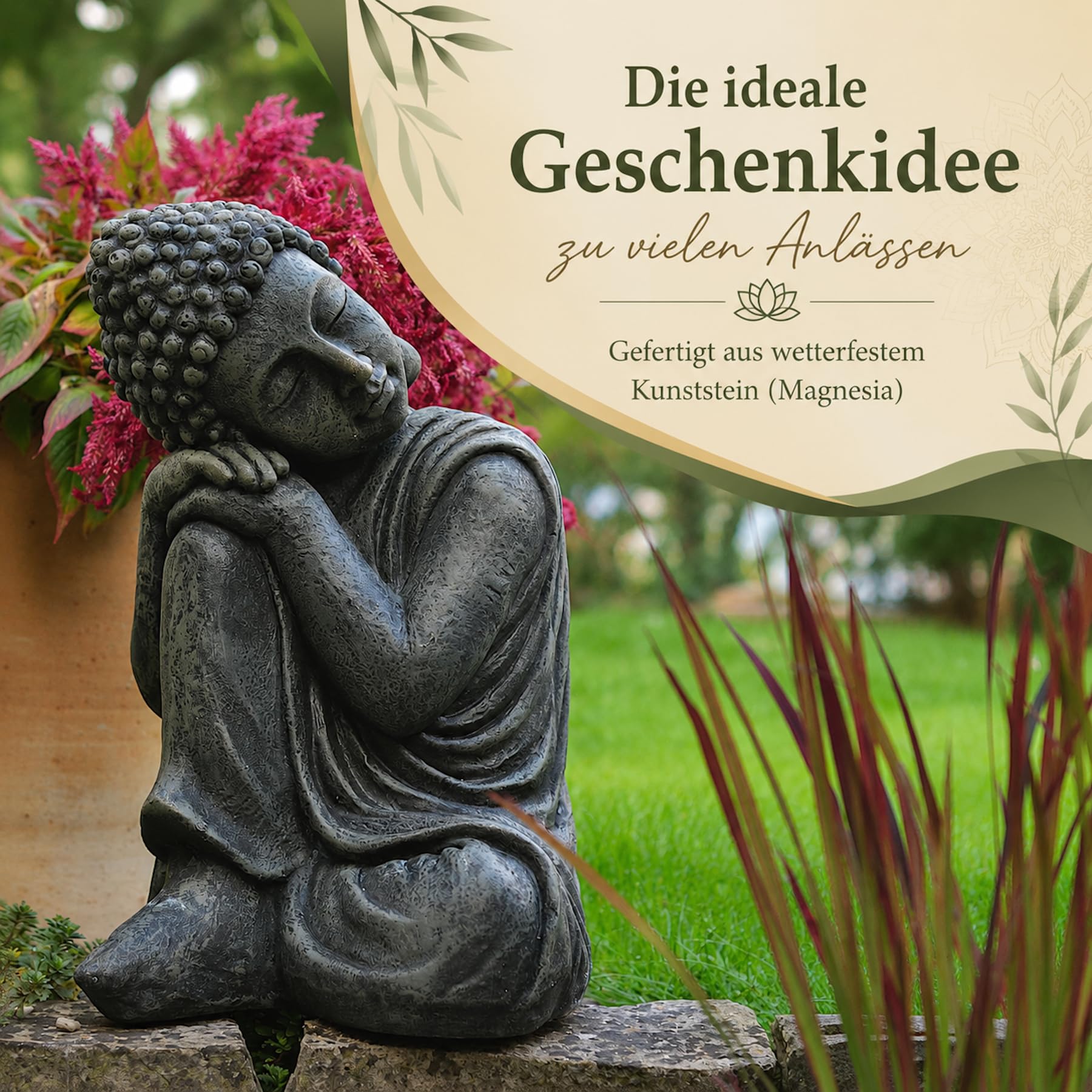 Garten-Buddha Figur 44 cm Schlafend – Buddha Statue Steinoptik Steingrau – Gartendeko Dekofigur Skulptur für Garten, Terrasse & Balkon