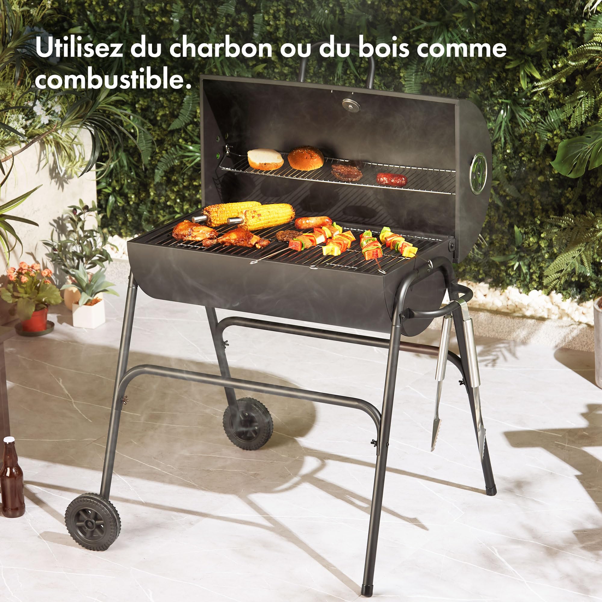 VonHaus Barbecue au Charbon – Baril Portable avec Grille Chauffe, Jauge de Température, Roues, Grande Grille de Cuisson et Aérations – 2 en 1 Barbecue et Fumoir – Grille Viande, Poisson et Légumes