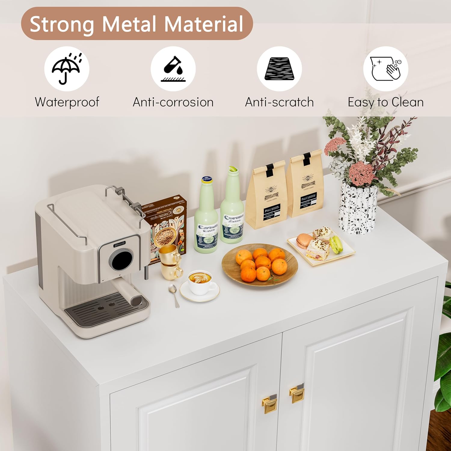 Kitchen Buffet Table with Storage, 33" Tall Sideboard with Doors and Adjustable Shelves, Metal Buffet Cabinet, Modern Coffee Bar Console Cabinet for Living, Dining Room, White, Assemble Required