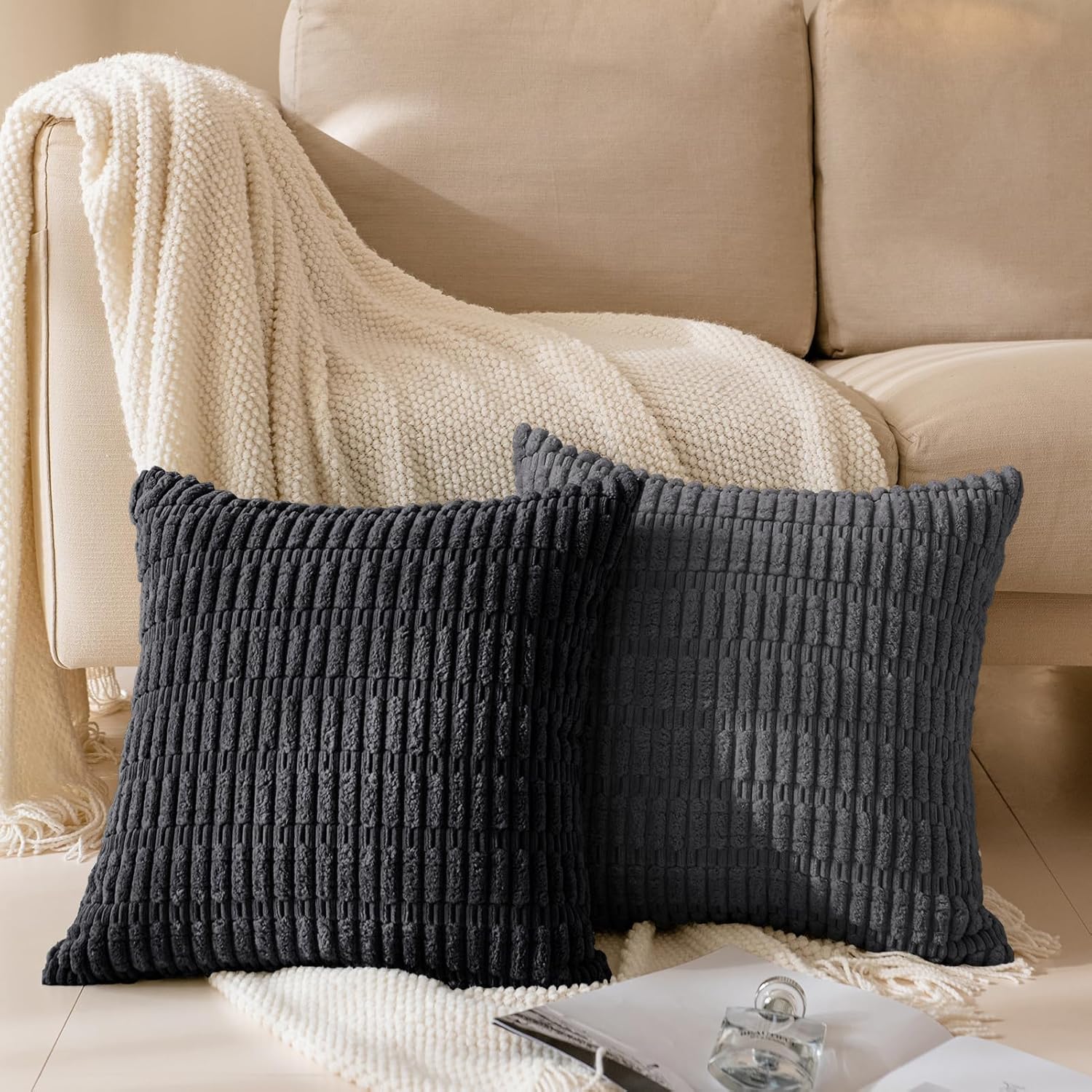 Softalker Throw Pillow Covers 18x18 Inch, Set of 4, Corduroy Soft Striped Farmhouse Boho Pillow Cover, Modern Decorative Cushion Pillow Case for Couch Sofa Bedroom Living Room, Grey/Black
