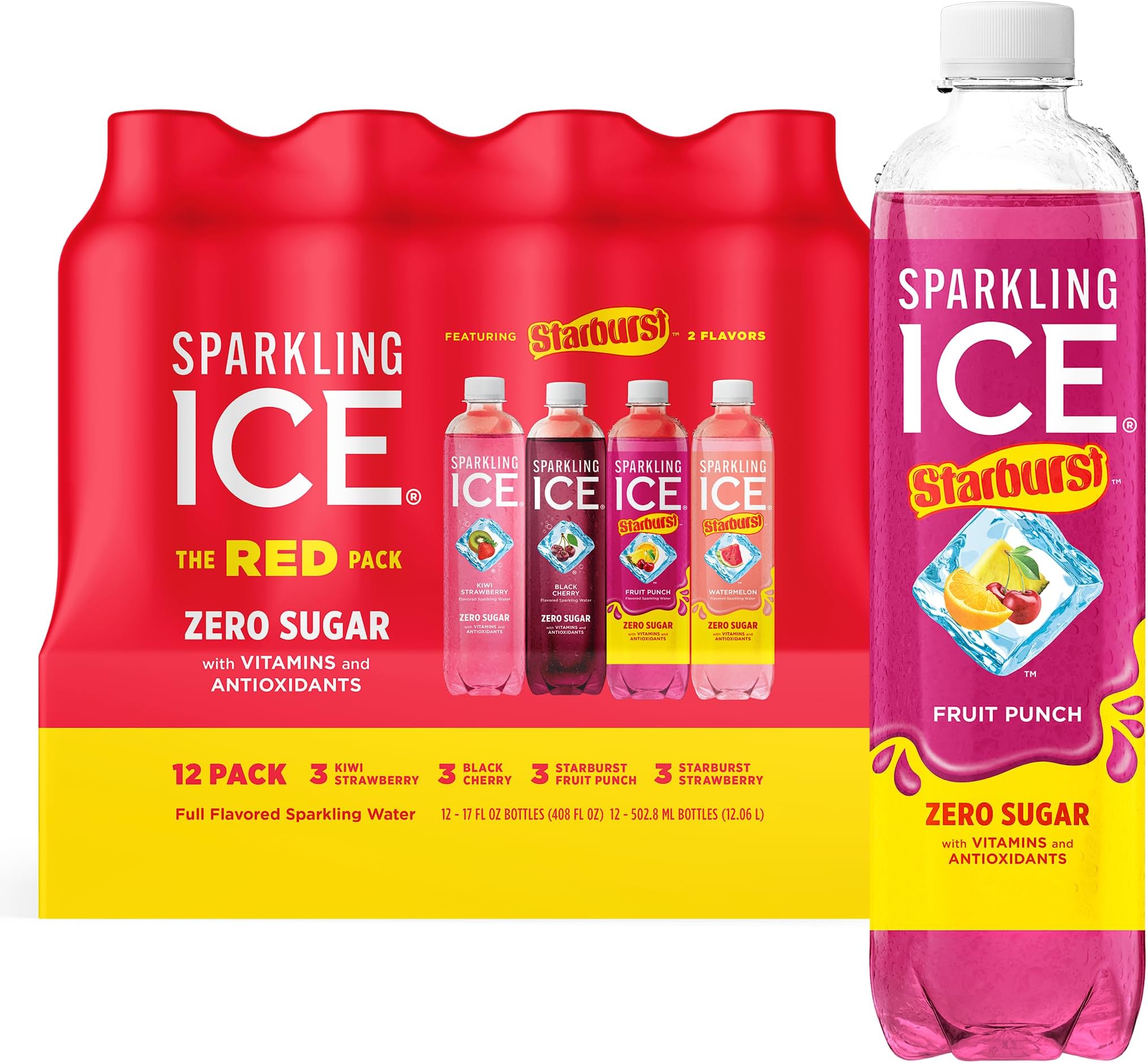 Starburst Red Variety Pack, Zero Sugar Flavored Water, Vitamins & Antioxidants, 17 Fl Oz, 12 Count (Kiwi Strawberry, Black Cherry, Fruit Punch, Watermelon)
