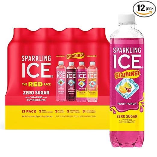 Sparkling Ice STARBURST Red Variety Pack, Zero Sugar Flavored Sparkling Water, Vitamins & Antioxidants, 17 fl oz, 12 count (Kiwi Strawberry, Black Cherry, Starburst Fruit Punch, Starburst Watermelon)