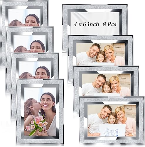 Reginary 8 portarretratos de vidrio de 4 x 6 pulgadas, marco de fotos plateado brillante con purpurina triturada, borde de espejo para exhibición de