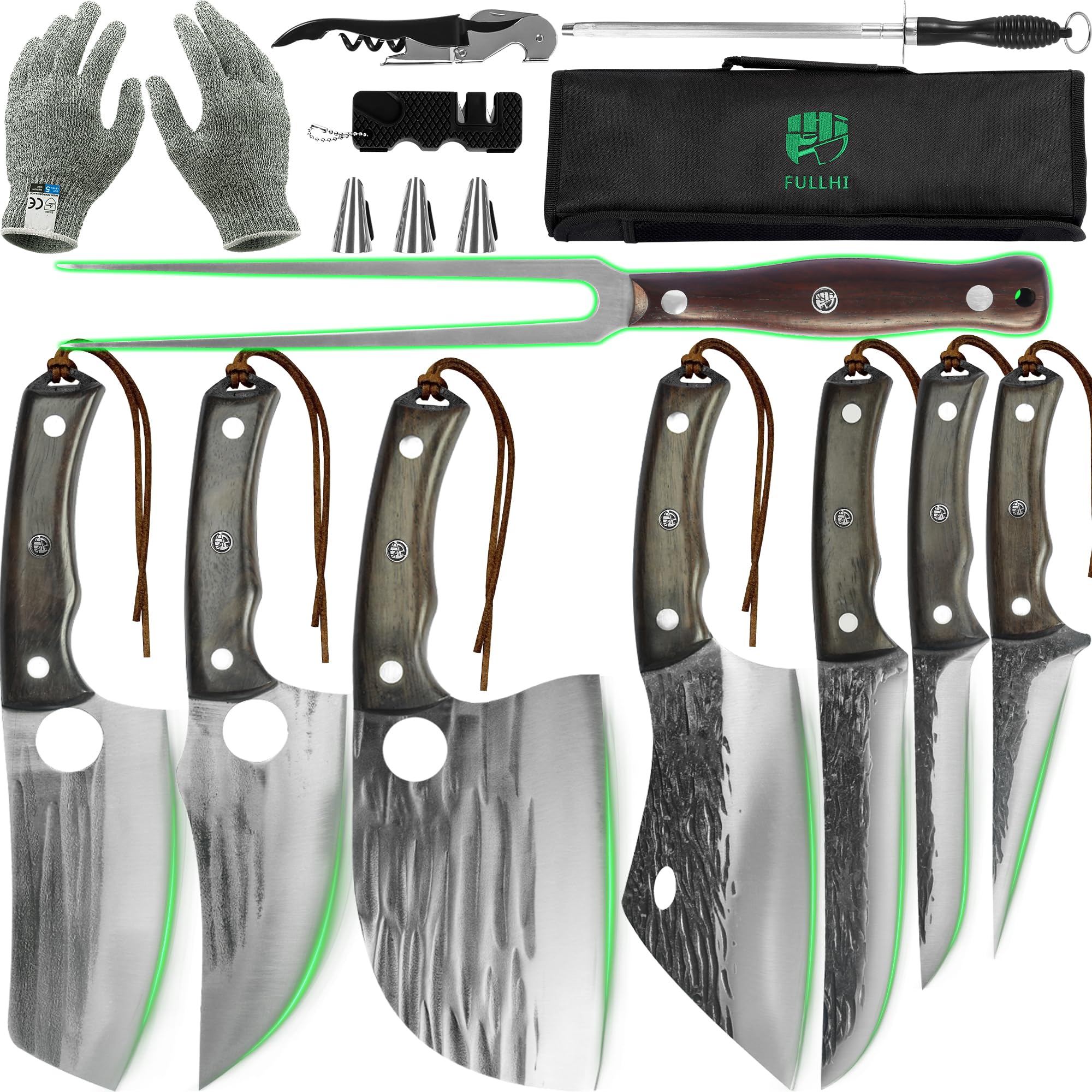FULLHI Set di coltelli da macellaio include forchetta per carne coltello borsa Coltello da cucina in acciaio ad alto tenore di carbonio mannaia per barbecue(14 pezzi)