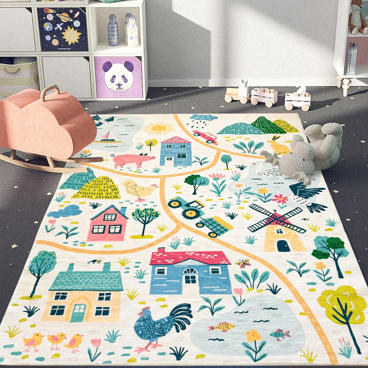 Kids Play Mat 3x5Ft Farm Animal Area Rug for Bedroom, Playroom, Classroom - Vehicle Track Rug for Indoor Home Decor