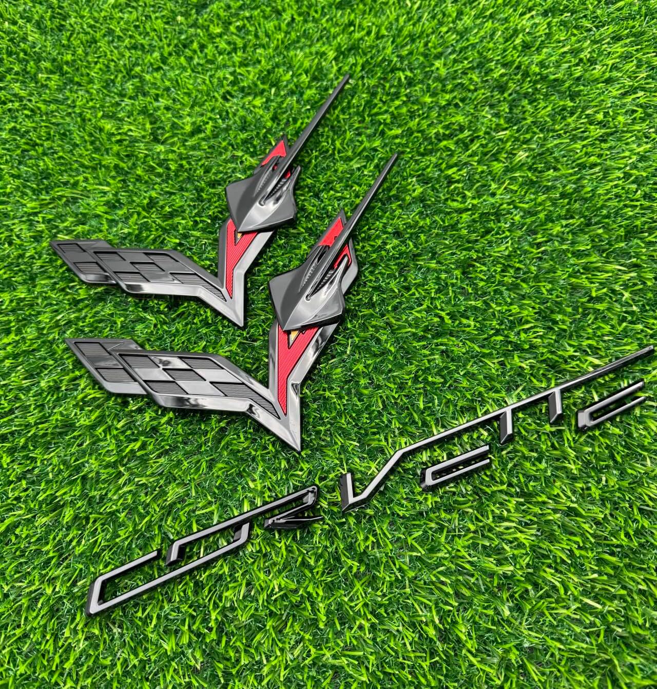 5PC 14-19 C7 Front & Rear &Stingray Cross Flags Emblem 3D Badge Bumper Insert Letters Nameplate Sticker Decal Replacement for C7 Corvette (Black Red)