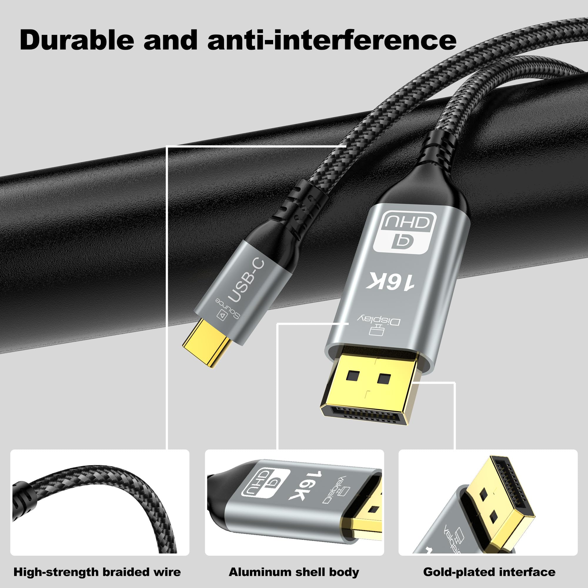 Cable USB C a DisplayPort 2.1, 16K@30Hz 8K@120Hz 4K@240Hz, Thunderbolt 5/4 a DP, 40Gbps, Tipo C unidireccional Compatible con MacBook Pro M4, M3, iPhone 16 Pro, Dell XPS, Surface, Gaming