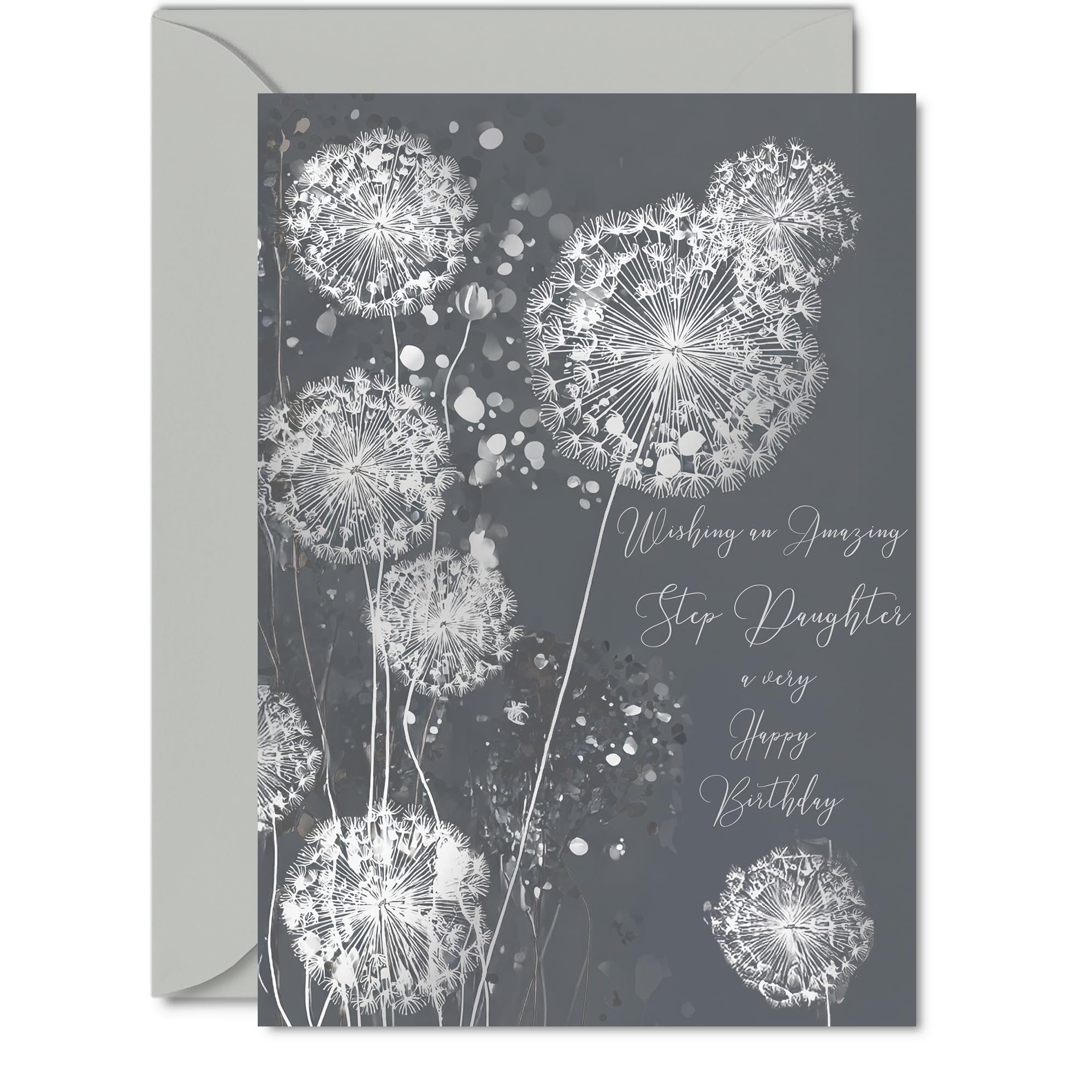 Silver Step Daughter Birthday Card - Shimmering Dandelions - Happy Birthday Card for Step Daughter from Dad Mum, 5x7 Inch Silver Elegant and Modern Bday Greeting Cards