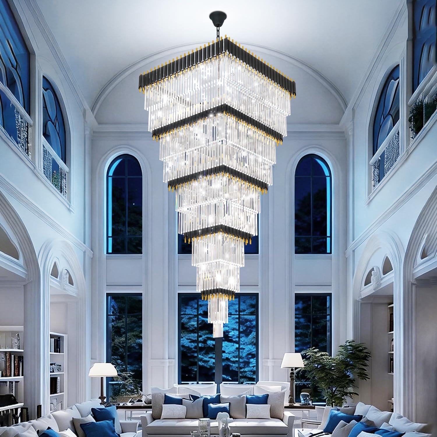 W40 x H120 Large Black Gold Chandeliers for High Ceiling, 37-Light Square Tiered K9 Crystal Raindrop Chandelier, Adjustable Height Luxury Pendant Light for Staircase, Villa Foyer, Entryway