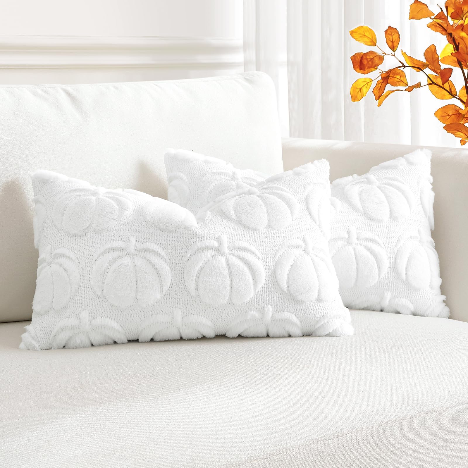 Artscope Fall Cushion Covers Set of 2 Autumn Pumpkin Throw Pillow Covers for Sofa Couch Bed Living Room Soft Plush Short Wool Velvet Farmhouse Pillowcases for Halloween 40x60cm White - Image 4