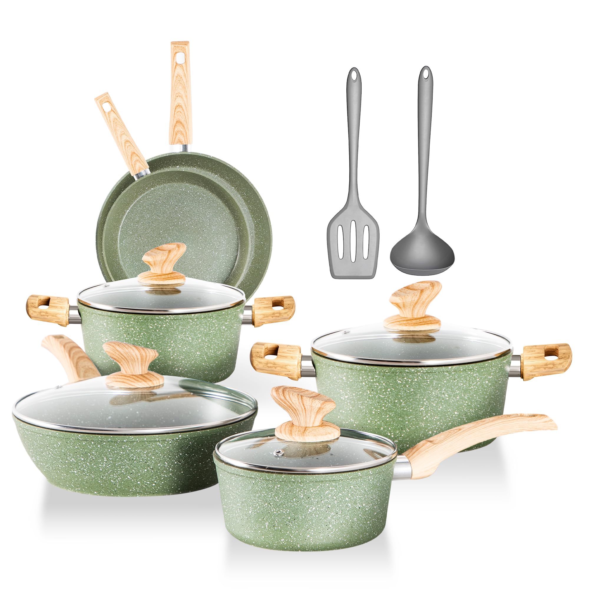 DishDelight Topfset Pfannenset Induktion Töpfe Set 12-teilige Granit-Antihaftbeschichtung Kochtopf Topf Pfannen für Induktionsherd Bratpfanne mit Glasdeckeln