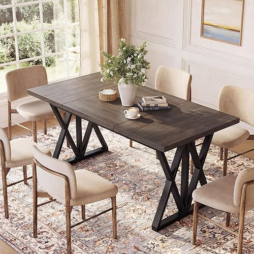 BedsPick Mesa de comedor de 70 pulgadas de largo para 6-8 personas, mesa de cocina rectangular de madera con mesa gruesa, patas de metal con marco