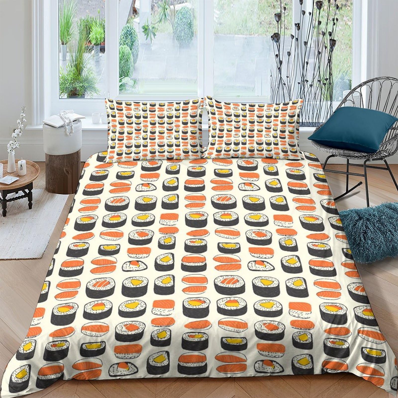 Ctjqhvkz Style-6 3D Printed Sushi Pattern Fitted Sheet Microfiber Soft Orange Black Nigiri Bed Cover For Bedroom Dorm Mattress Protection Decor Single（135X200cm）