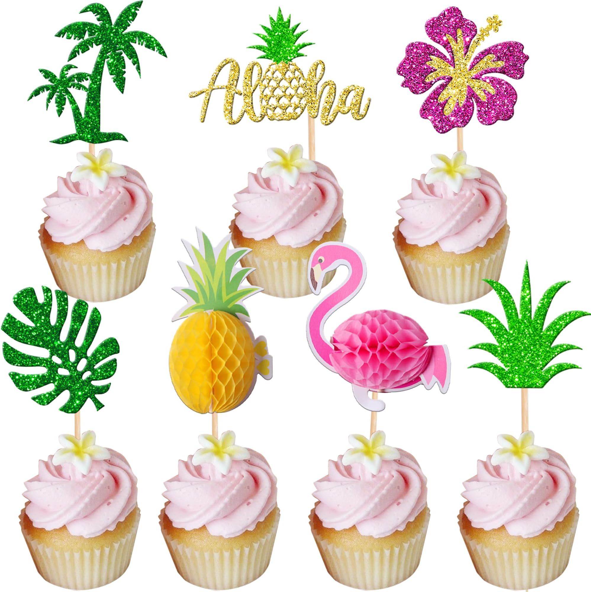 28 PCS Tropical Cupcake Toppers Glitter Leaf Pineapple Flower Palm Tree Flamingo Cupcake Picks Aloha Cake Decorations for Summer Hawaiian Luau Theme Baby Shower Birthday Wedding Party Supplies