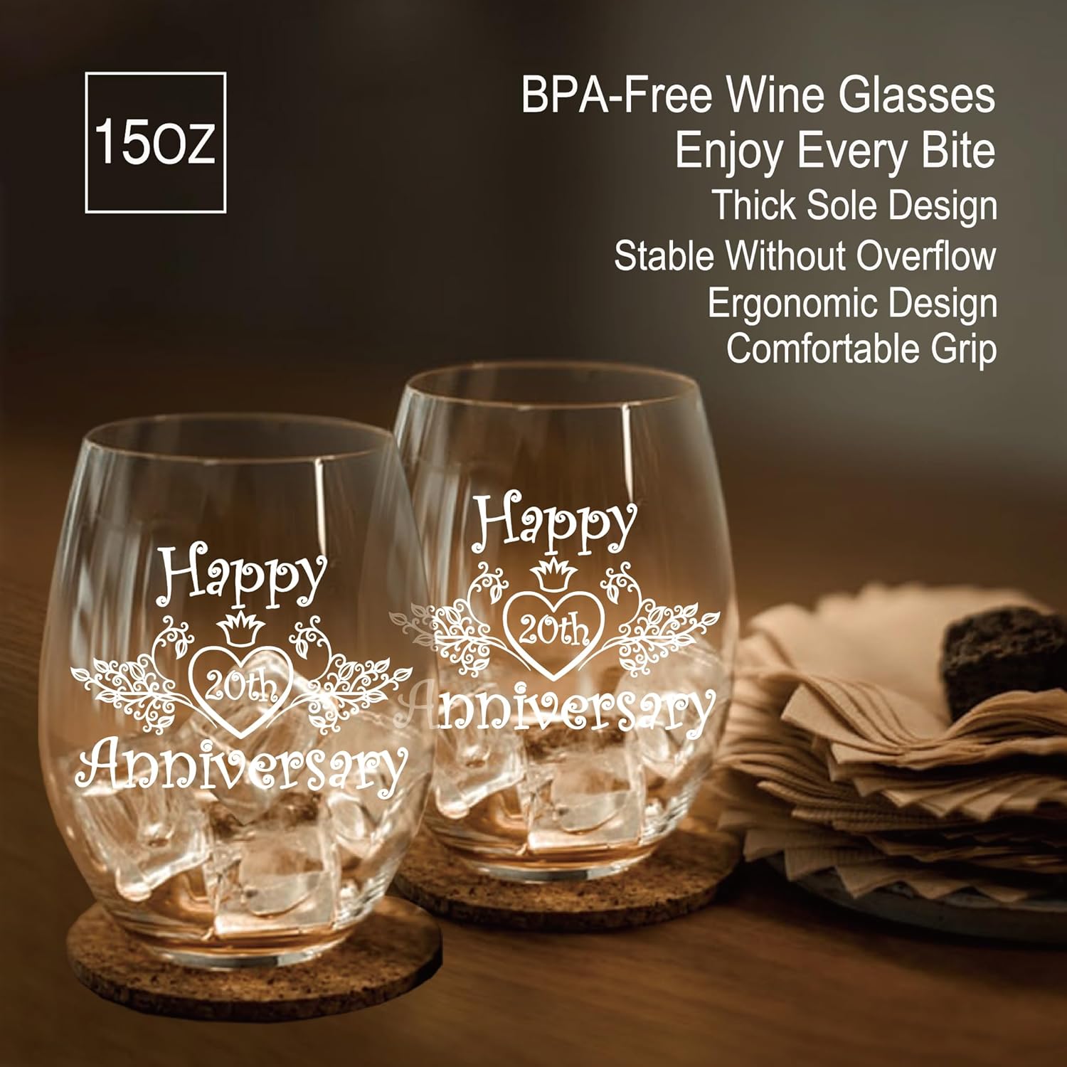 Perfectinsoy Happy 20th Anniversary Wine Glass Set with Metallic Memorial Card, 20th Birthday Wedding Gift for Mom, Dad, Wife, Soulmate, Couple, Funny 20th Anniversary Milestone Gift - Image 3