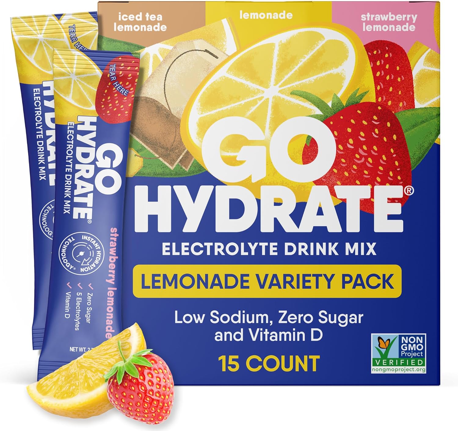 GoHydrate Low Sodium Electrolytes Powder Packets Sugar Free - Instant Hydration Daily Drink Mix - Zero Sugar Water Flavor Packet Singles with Vitamin D - (Lemonade Mixed, 15 Packs)