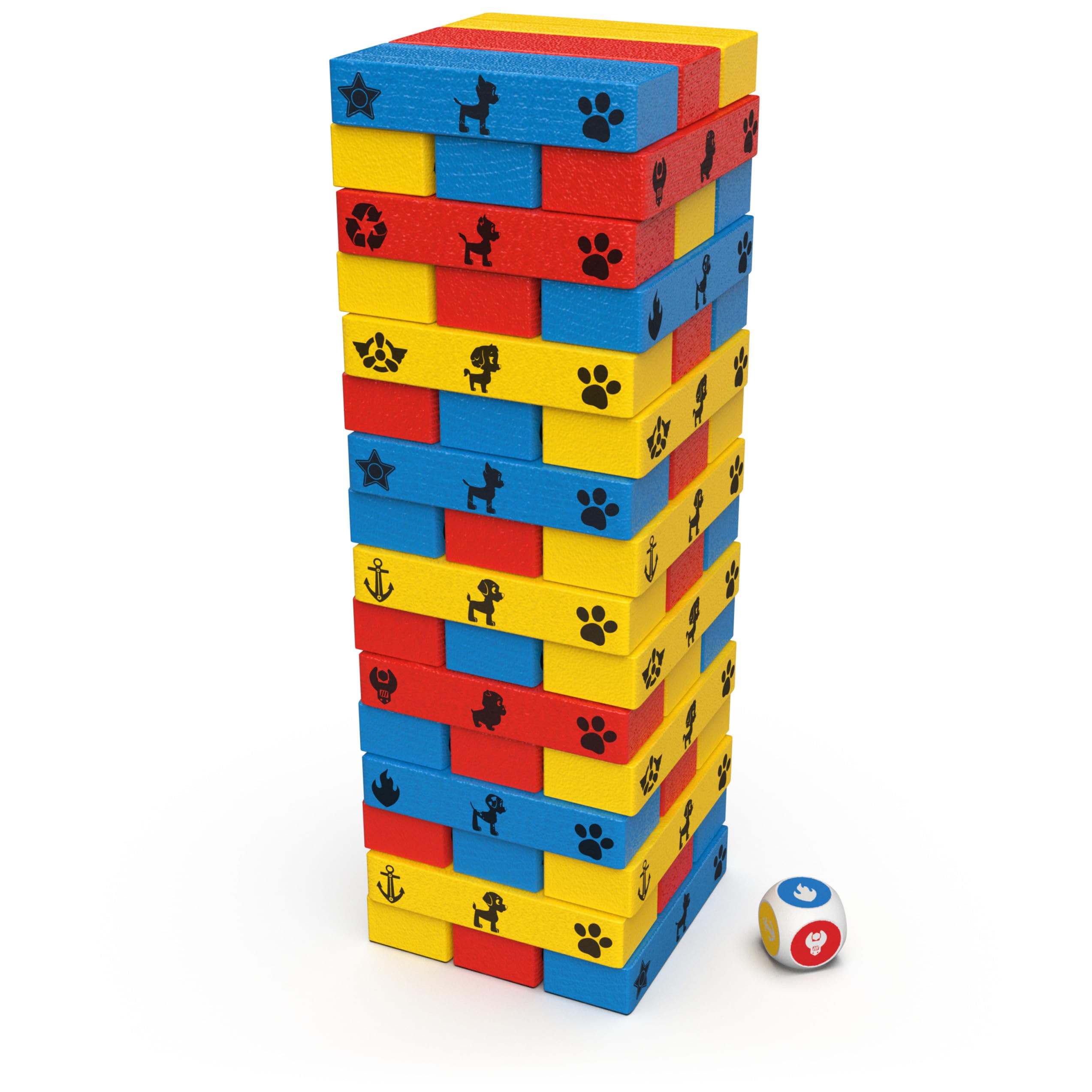 PAW Patrol Jumbling Tower by Spin Master Games, kolorowa gra drewniana Stacking Building Toppling dla dzieci PAW Patrol Toys, dla przedszkolaków w wieku 4 lat i starszych | Wieża budowlana - 48 elementów z drewna i kości - zestaw do budowania - dla 2 grac